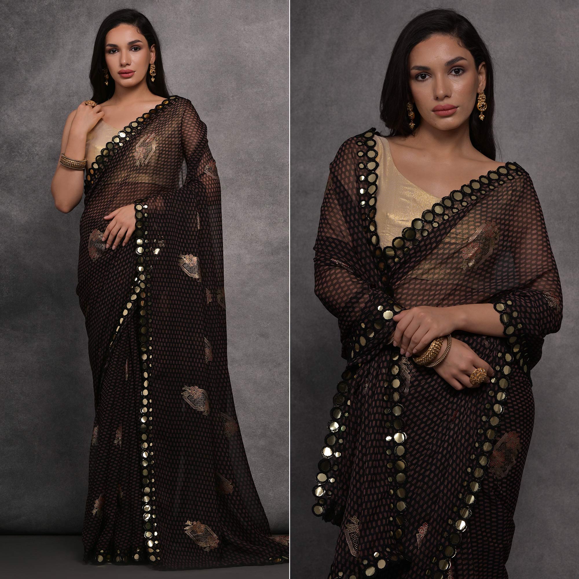 Black Foil Printed With Mirror Work Georgette Saree