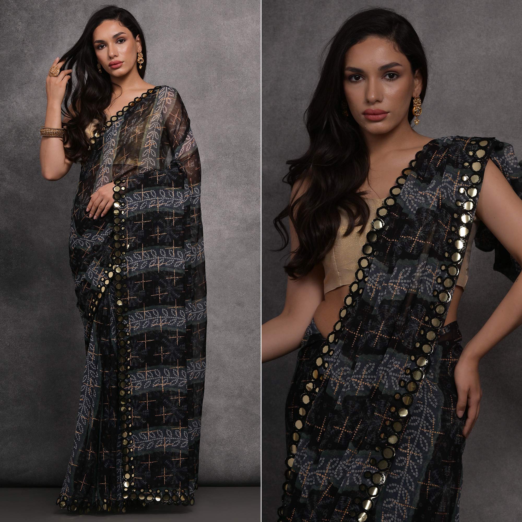 Black Foil Printed With Mirror Work Georgette Saree