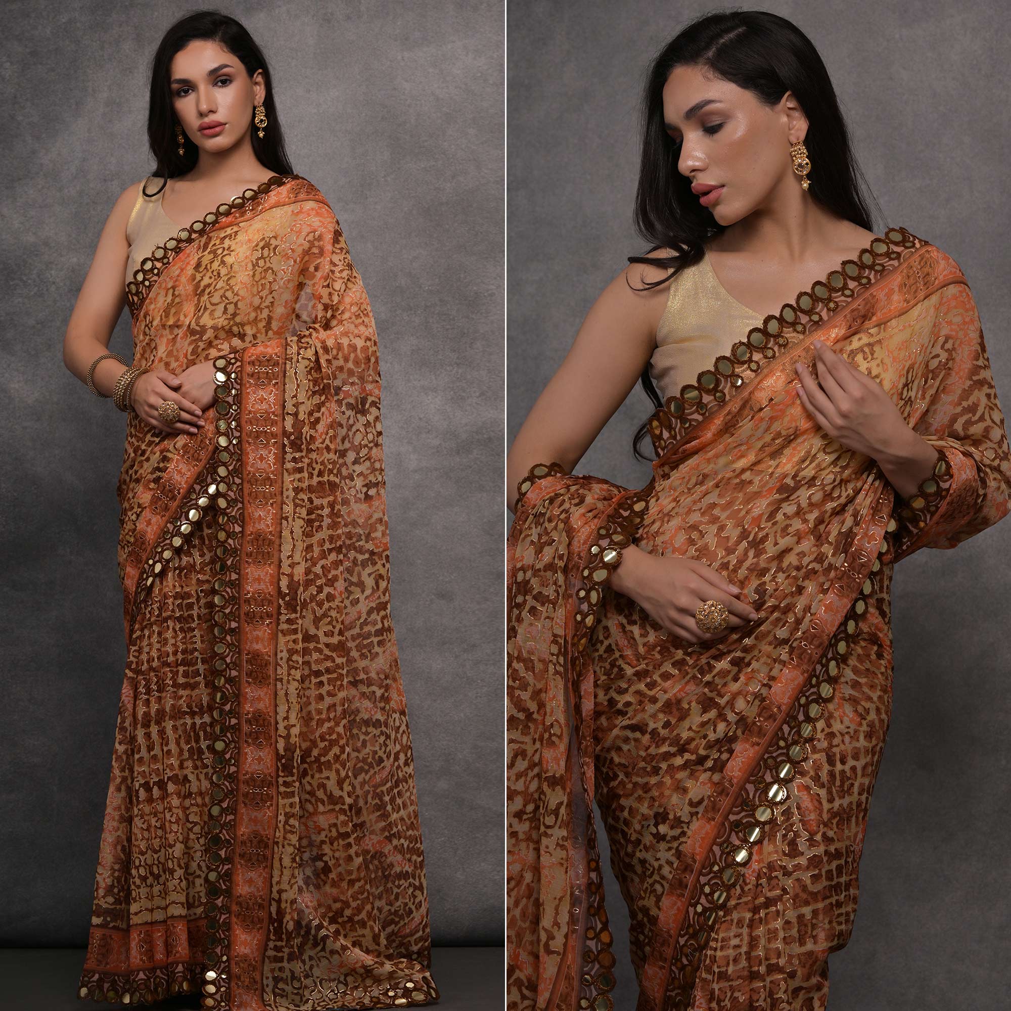 Peach Foil Printed With Mirror Work Georgette Saree