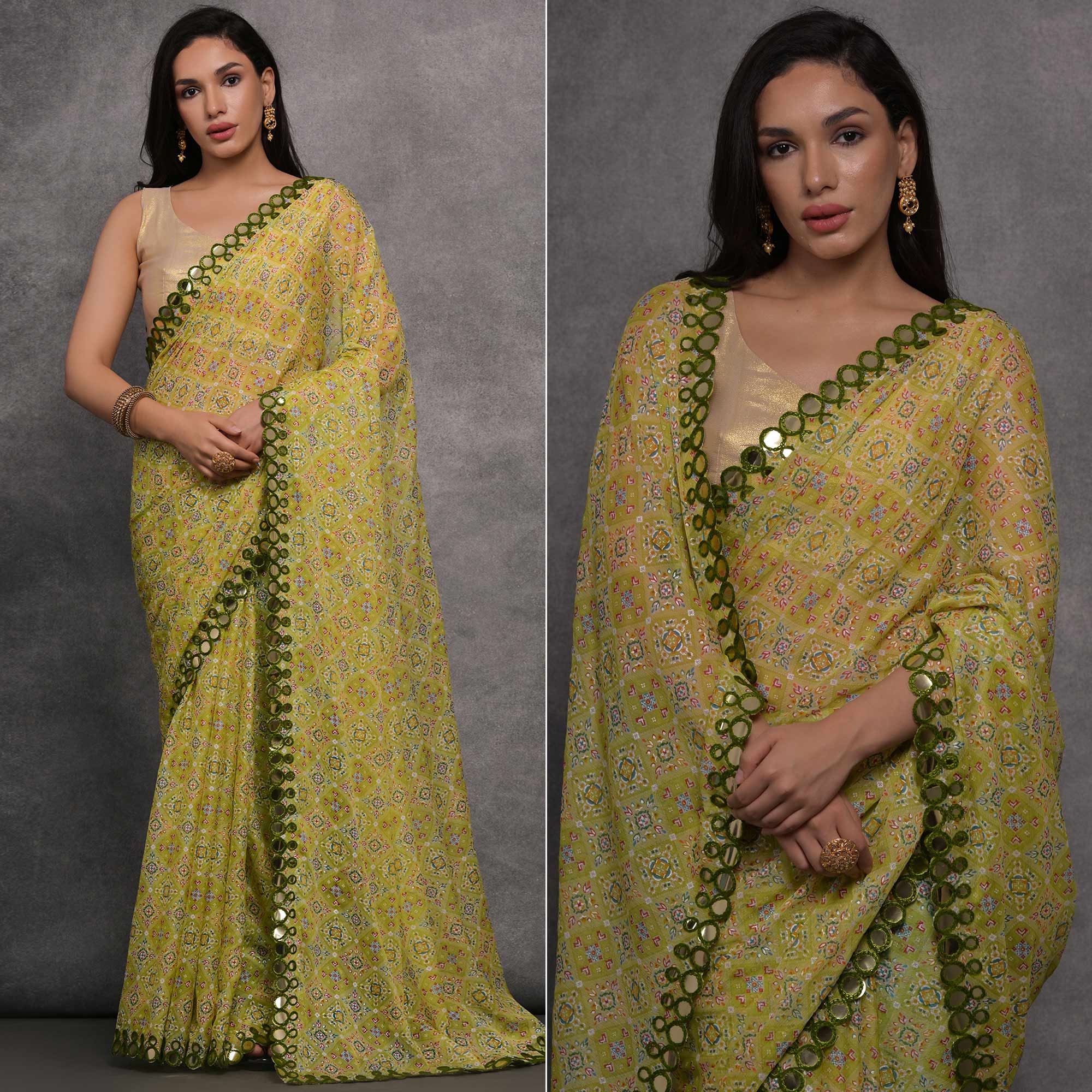 Green Foil Printed With Mirror Work Georgette Saree