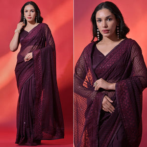 Wine Sequins Embroidered Georgette Saree