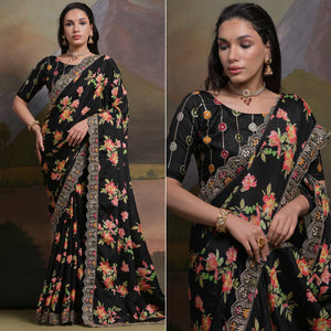 Black Floral Printed Chinon Saree With Embroidered Border