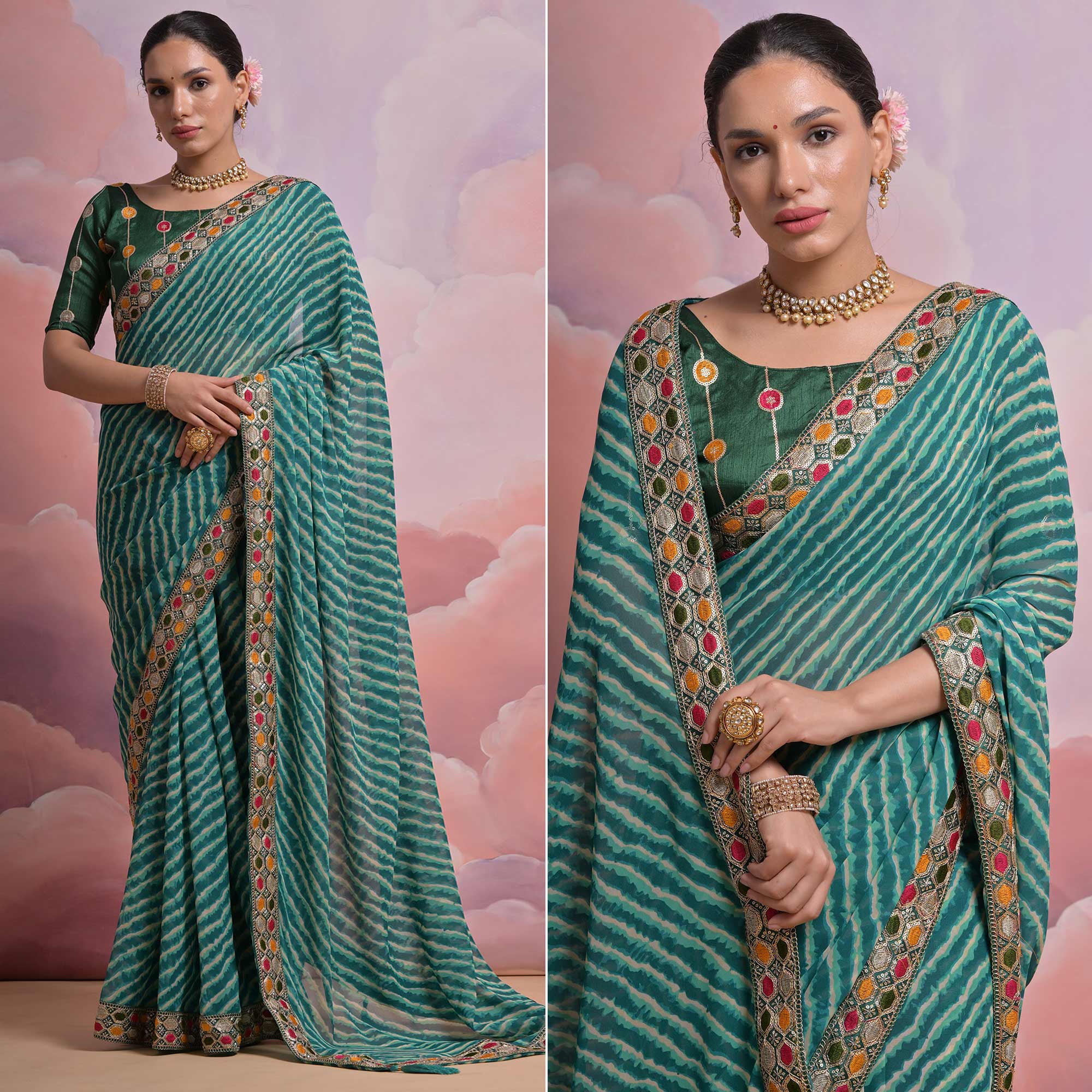 Green Leheriya Printed With Embroidered Border Georgette Saree