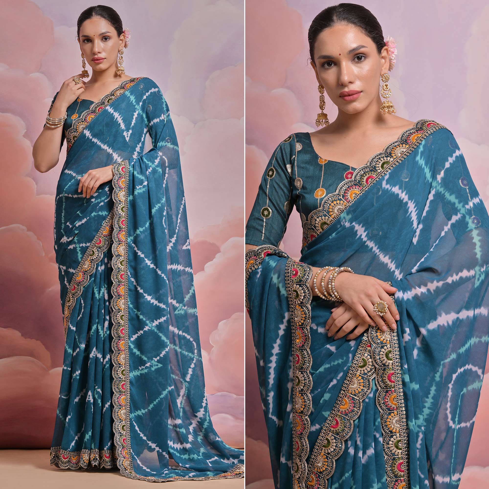 Teal  Printed With Embroidered Border Georgette Saree