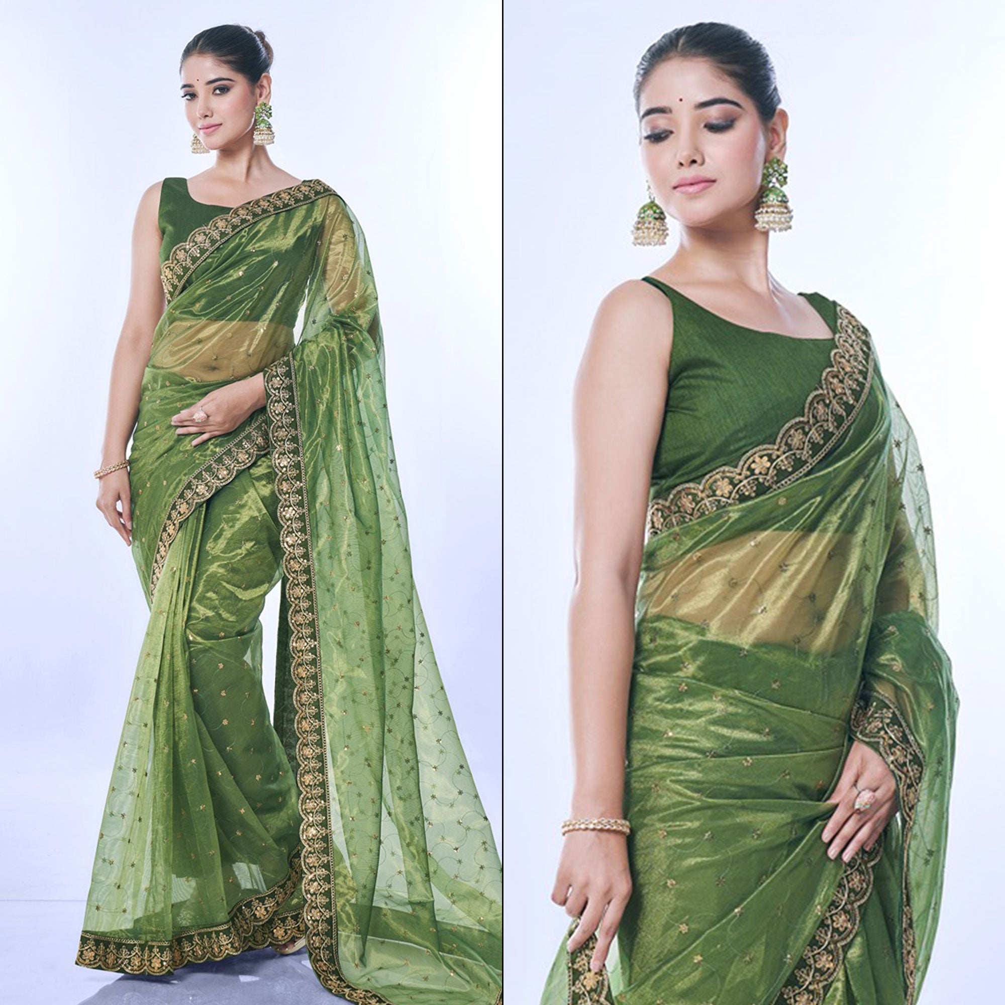 Green Sequins Embroidered Net Saree