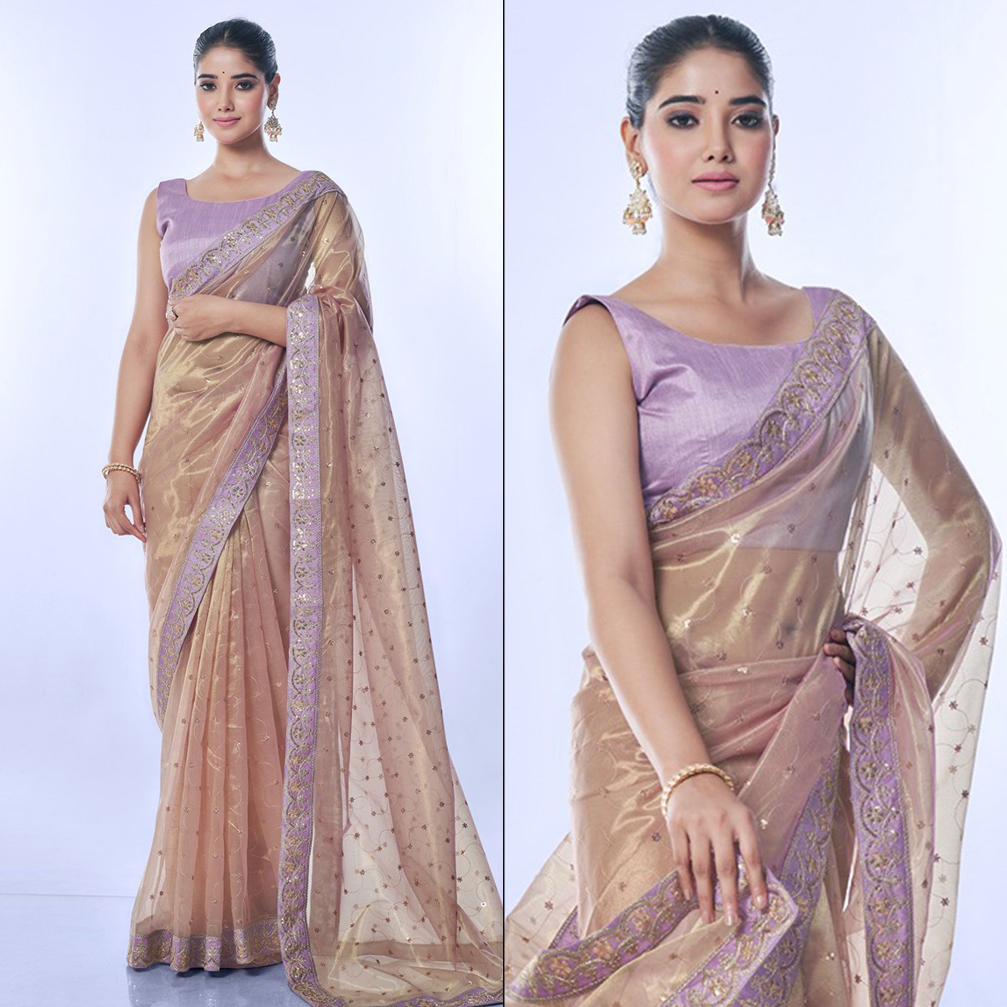 Beige Sequins Embroidered Net Saree