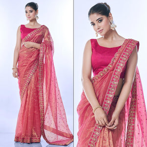 Pink Sequins Embroidered Net Saree