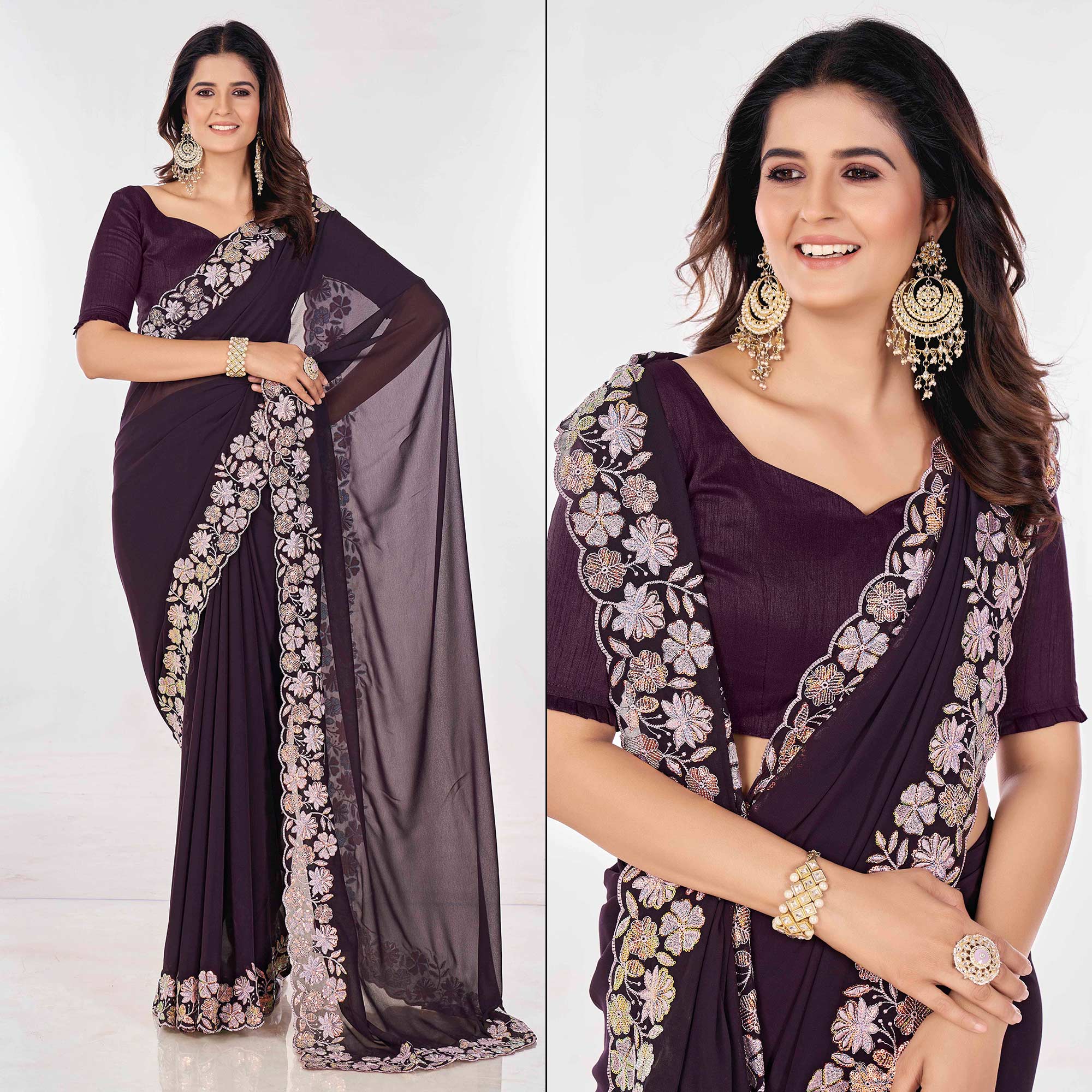 Wine Sequins Embroidered Georgette Saree