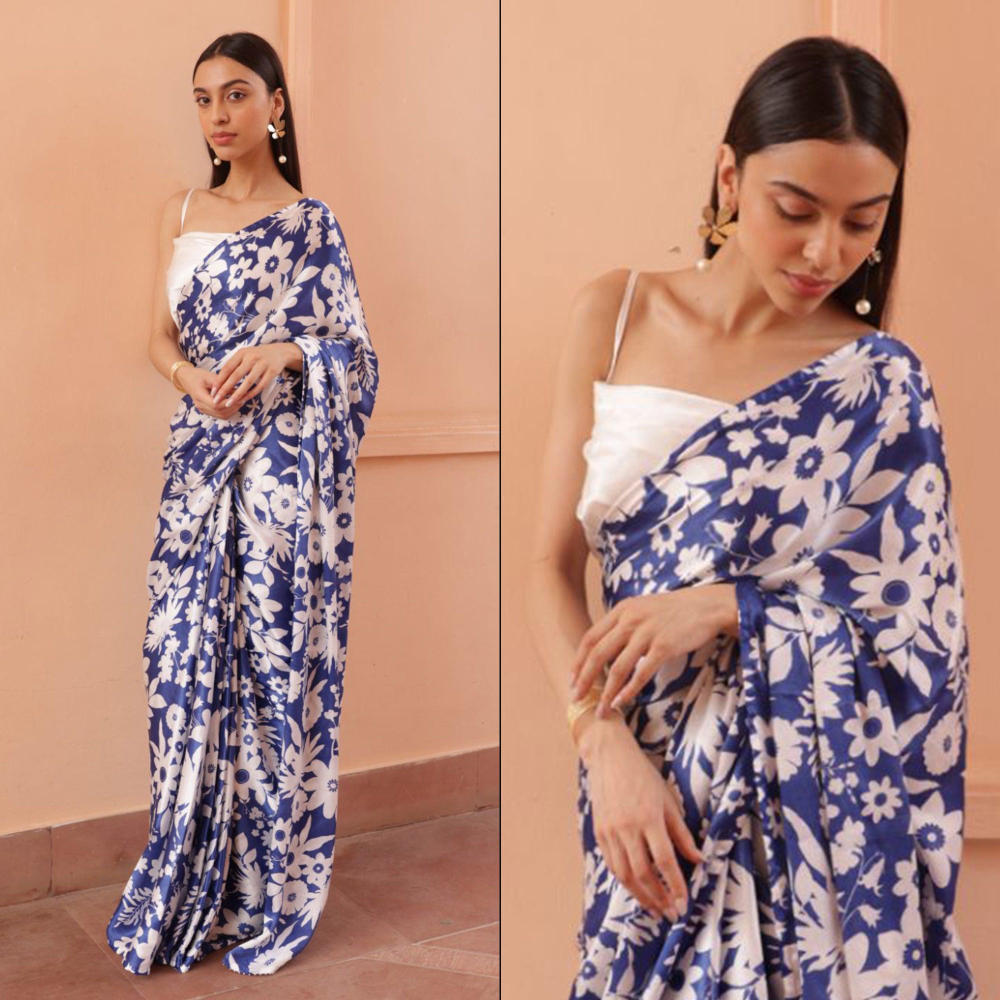 Blue Digital Printed Satin Saree