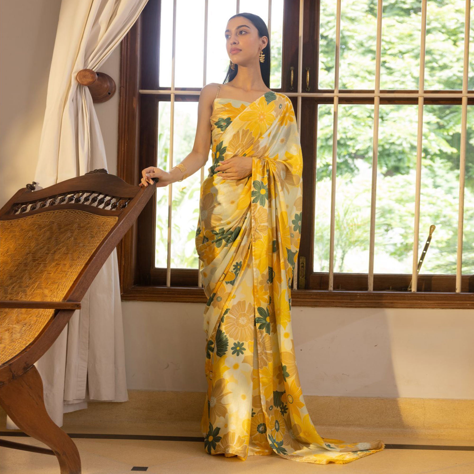 Yellow Digital Printed Satin Saree