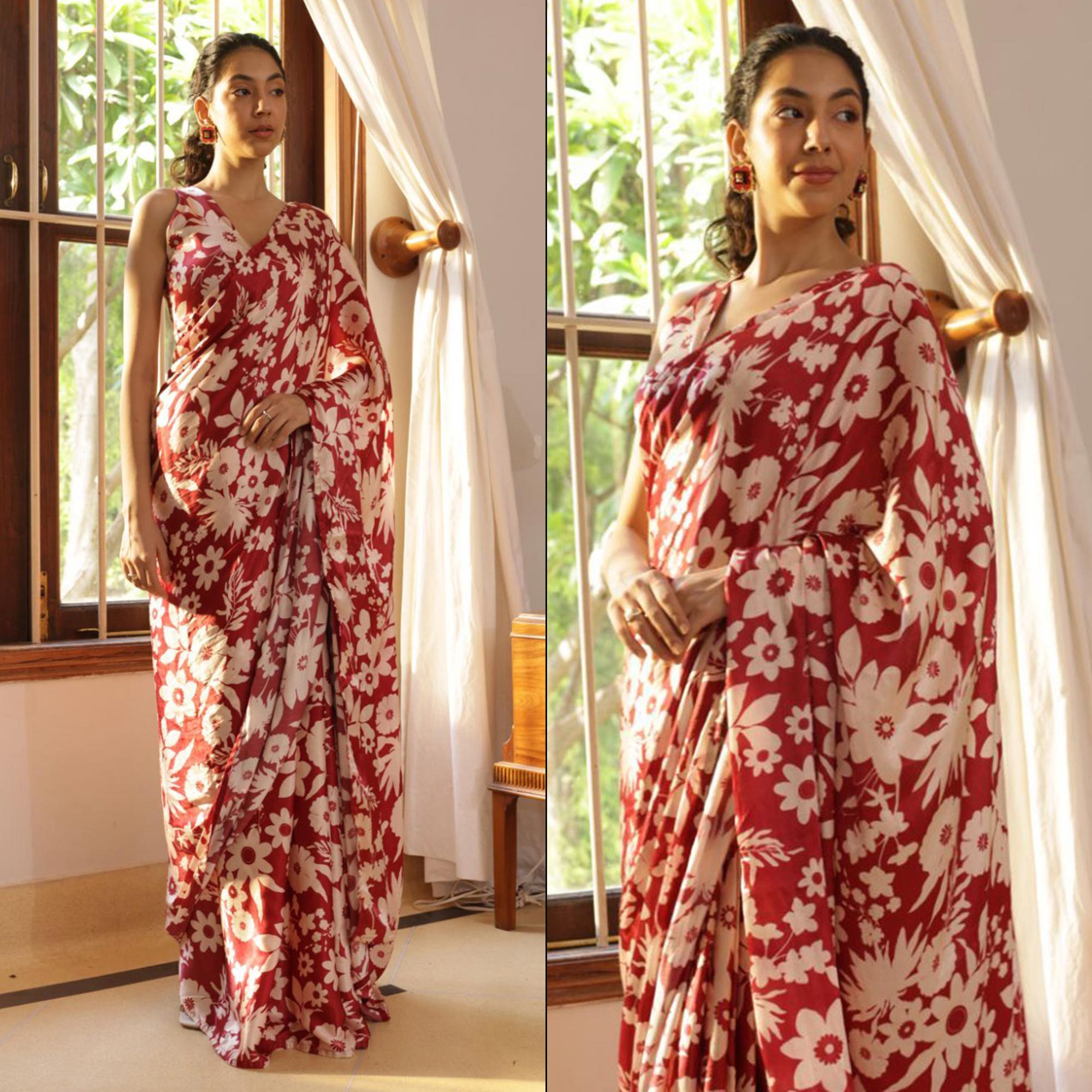 Maroon Digital Printed Satin Saree