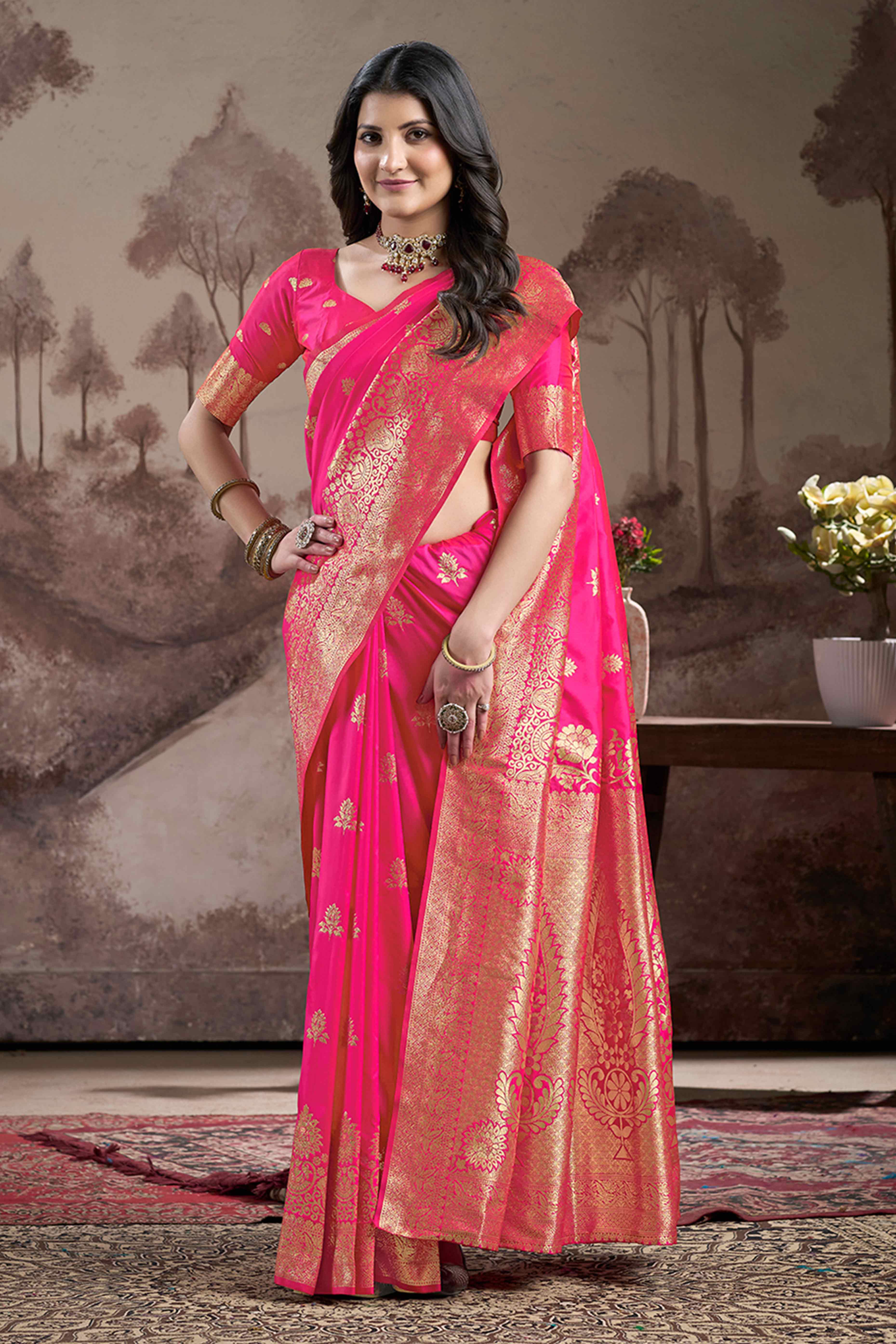 Pink Floral Woven Jacquard Silk Saree