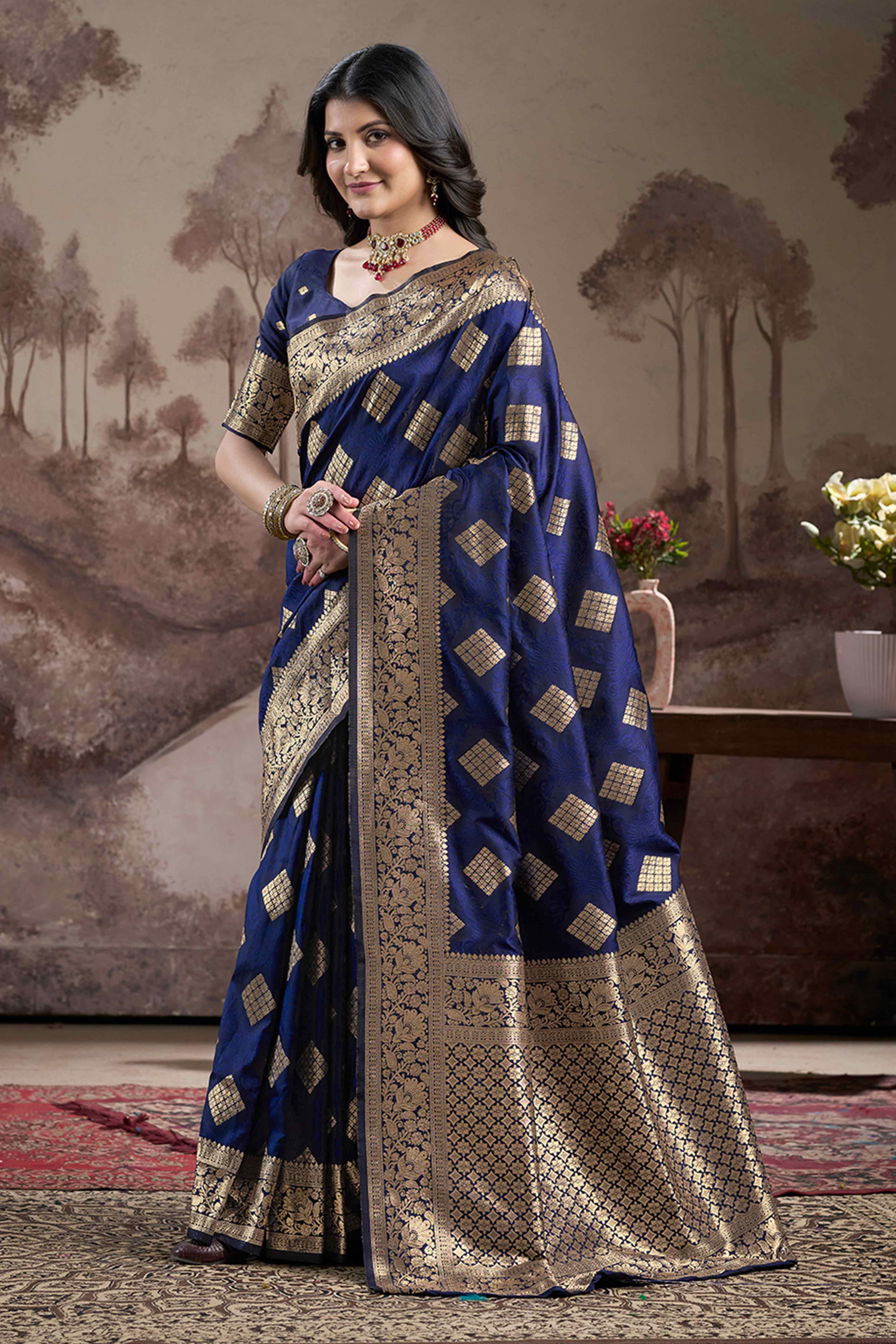 Navy Blue Woven Jacquard Silk Saree