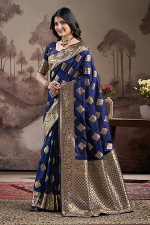 Navy Blue Woven Jacquard Silk Saree