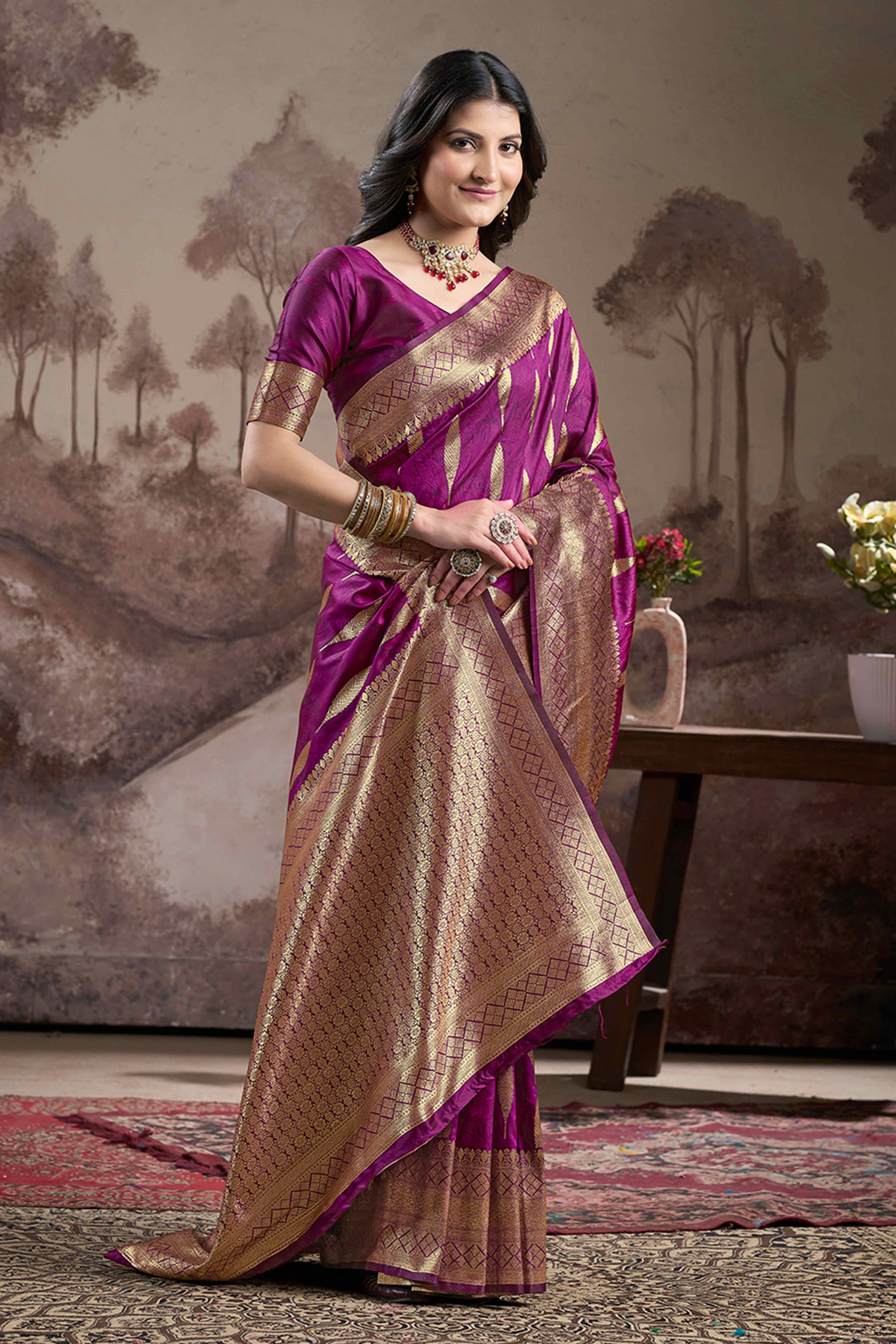 Purple Floral Woven Jacquard Silk Saree