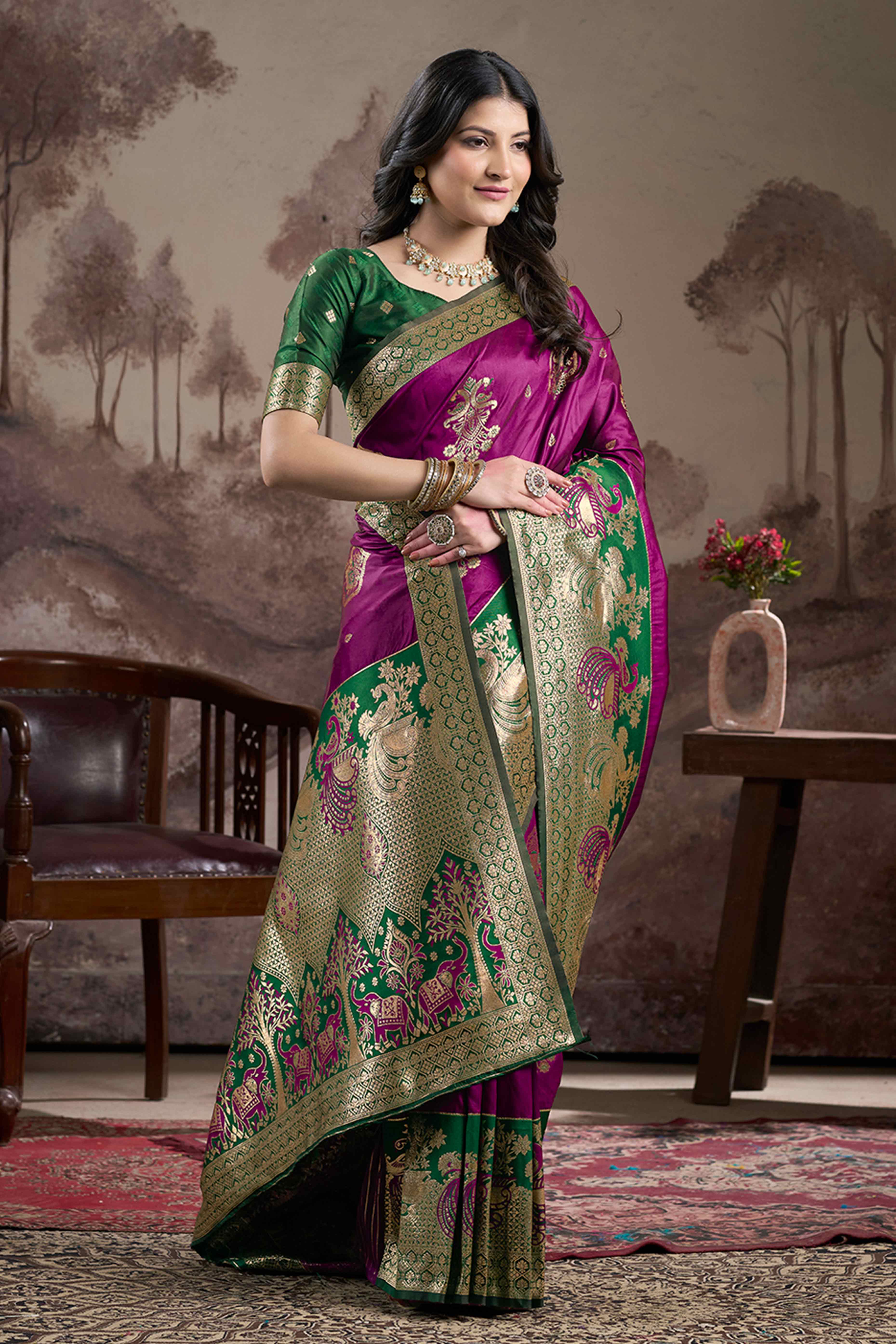Purple Floral Woven Jacquard Silk Saree