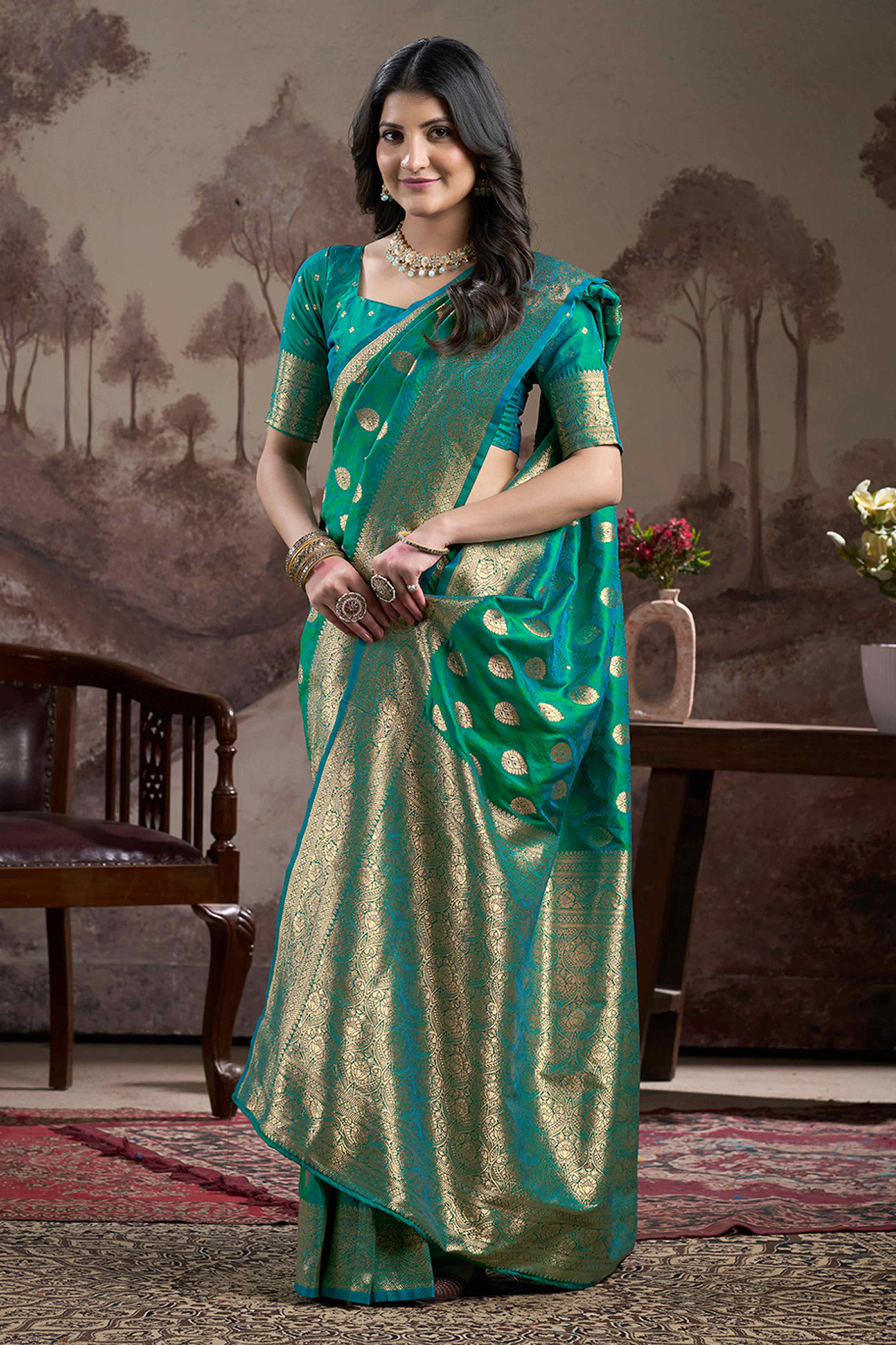 Rama Green Floral Woven Jacquard Silk Saree
