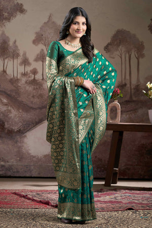 Rama Green Floral Woven Jacquard Silk Saree