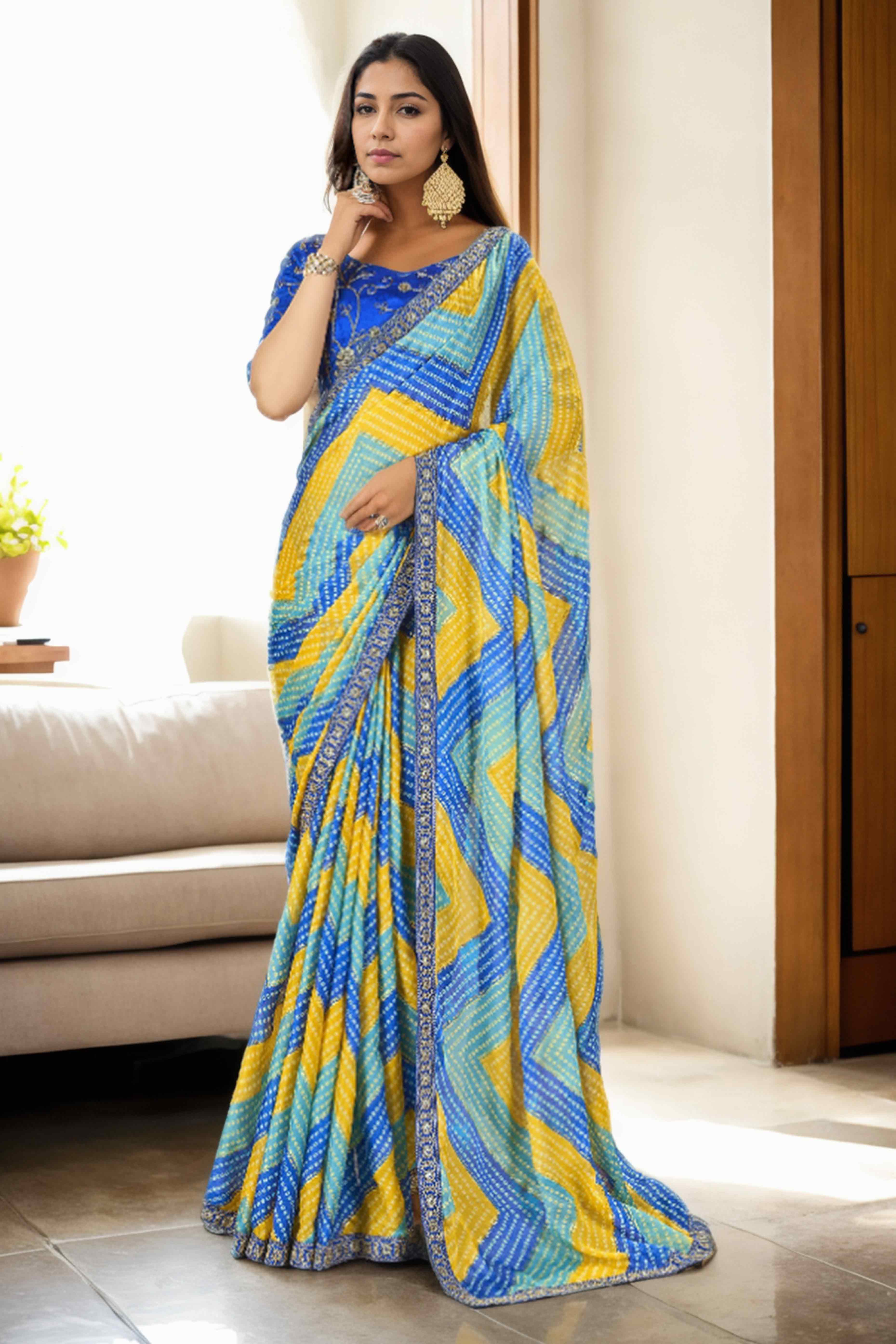 Blue & Yellow Bandhani Digital Printed Chinon Saree With Embroidered Border
