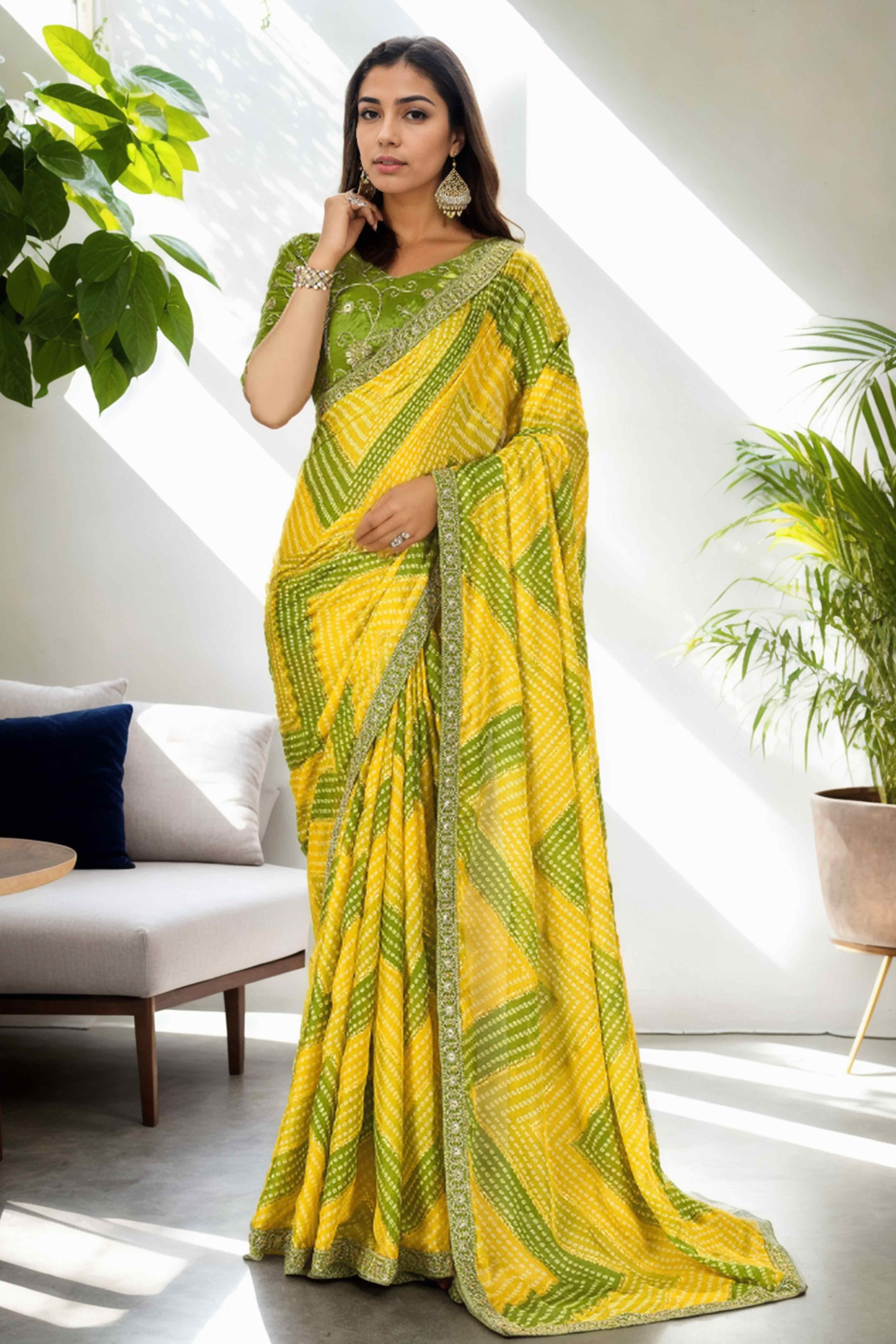 Green & Yellow Bandhani Digital Printed Chinon Saree With Embroidered Border