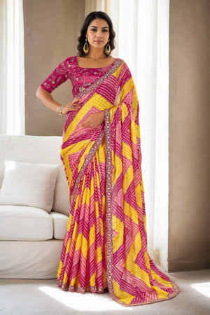 Pink & Yellow Bandhani Digital Printed Chinon Saree With Embroidered Border