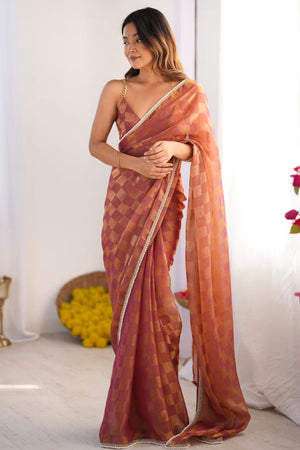 Orange Checks Weaving Chiffon Saree With Refined Moti Lace Border