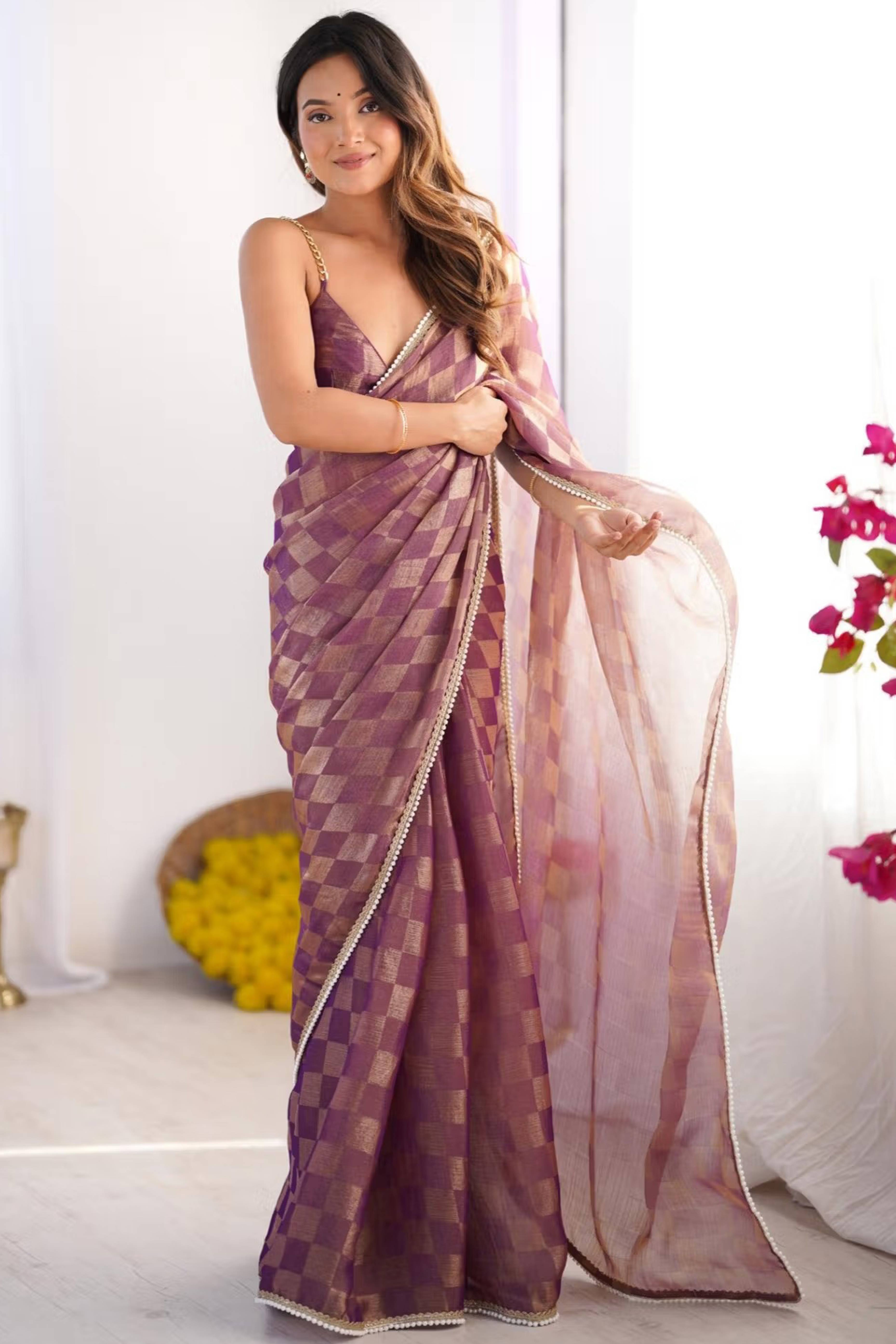 Purple Checks Weaving Chiffon Saree With Refined Moti Lace Border