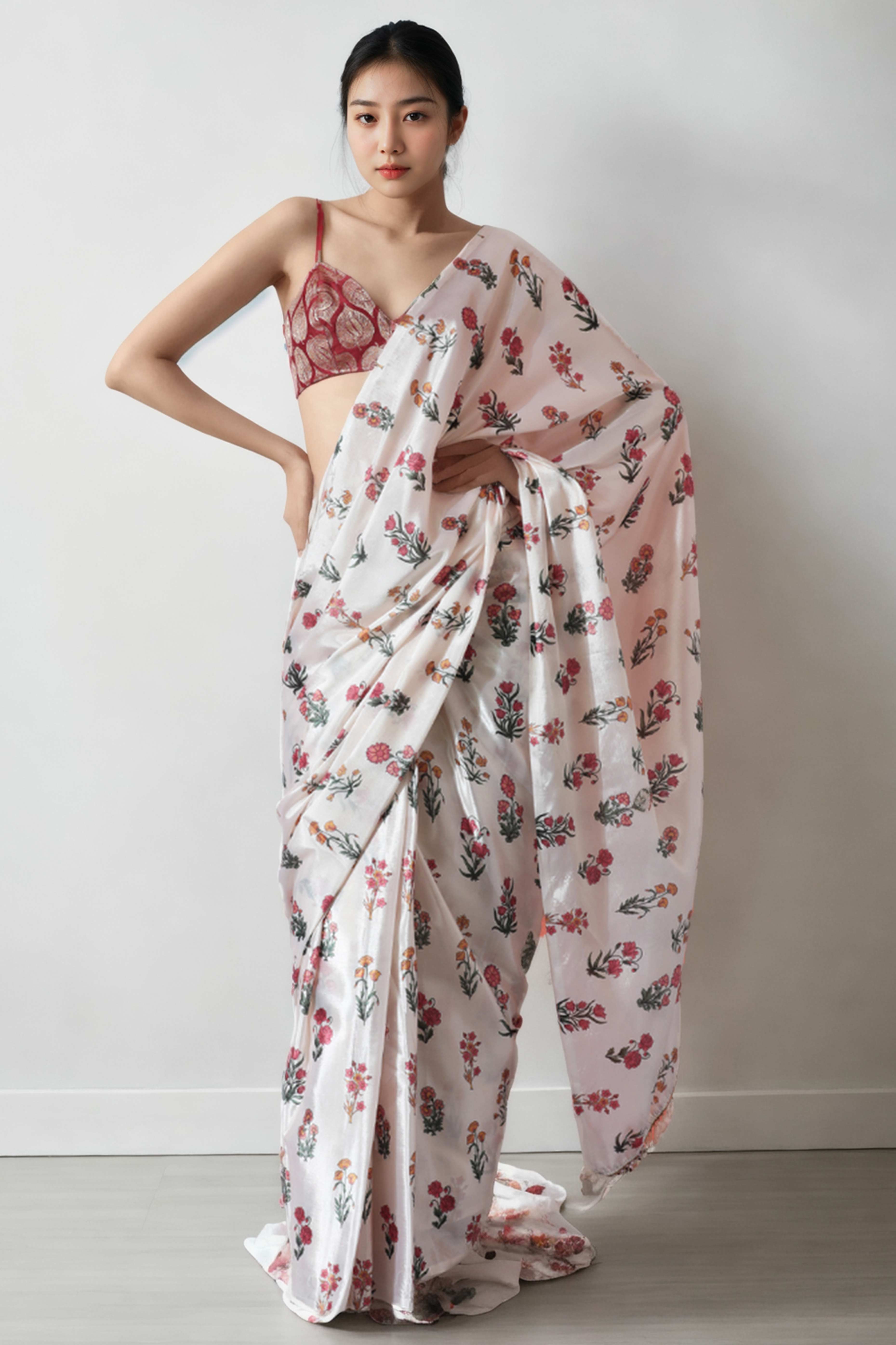 Offwhite Floral Digital Printed With Lace Border Pallu Chinon Ready To Wear Saree