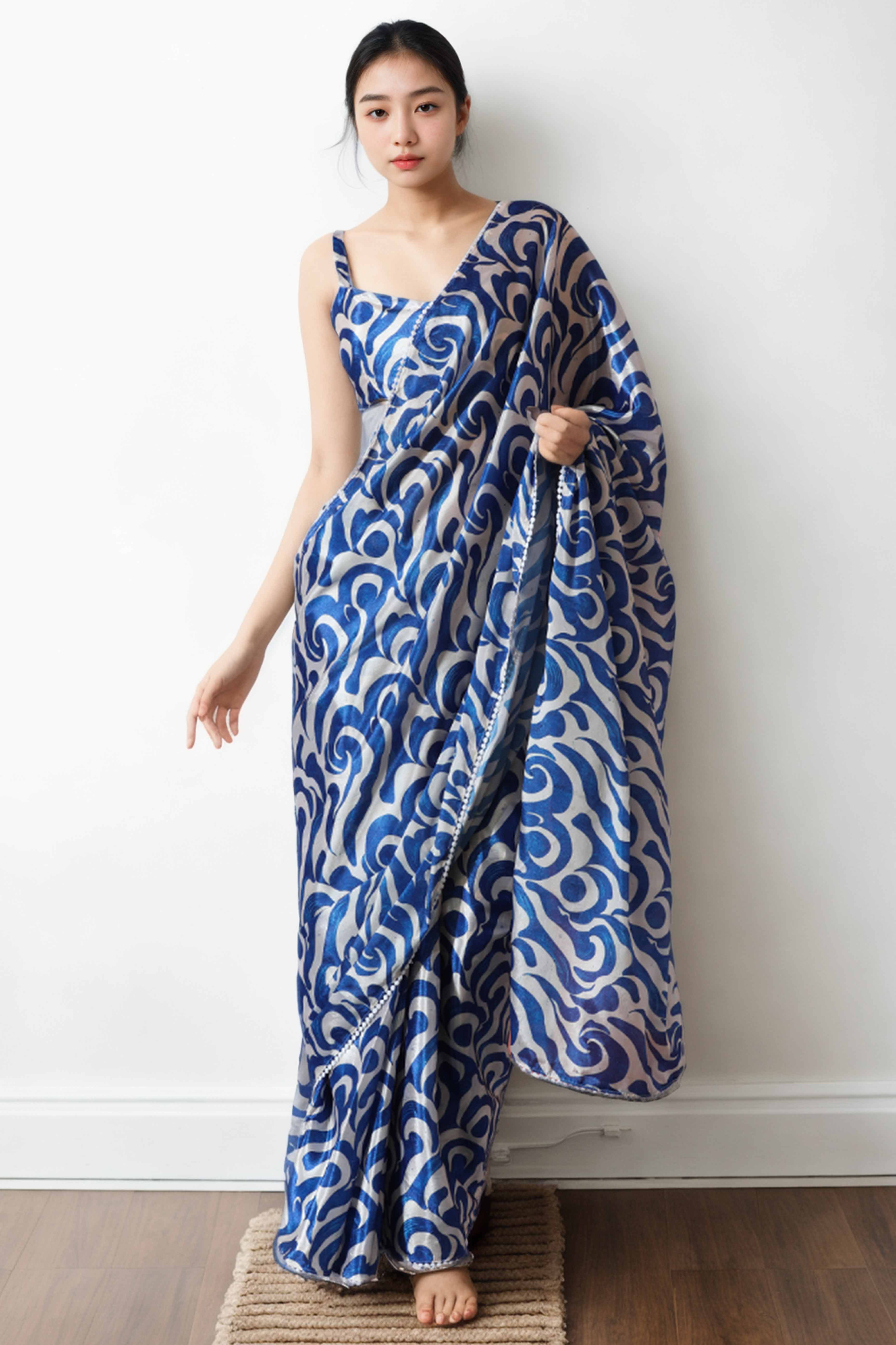 Blue Digital Printed With Lace Border Pallu Chinon Ready To Wear Saree