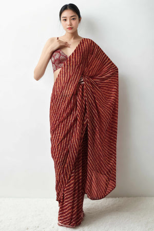 Maroon Leheriya Printed With Marbel Chiffon Ready To Wear Saree