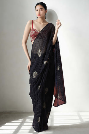 Black Floral Foil Printed With Marbel Chiffon Ready To Wear Saree