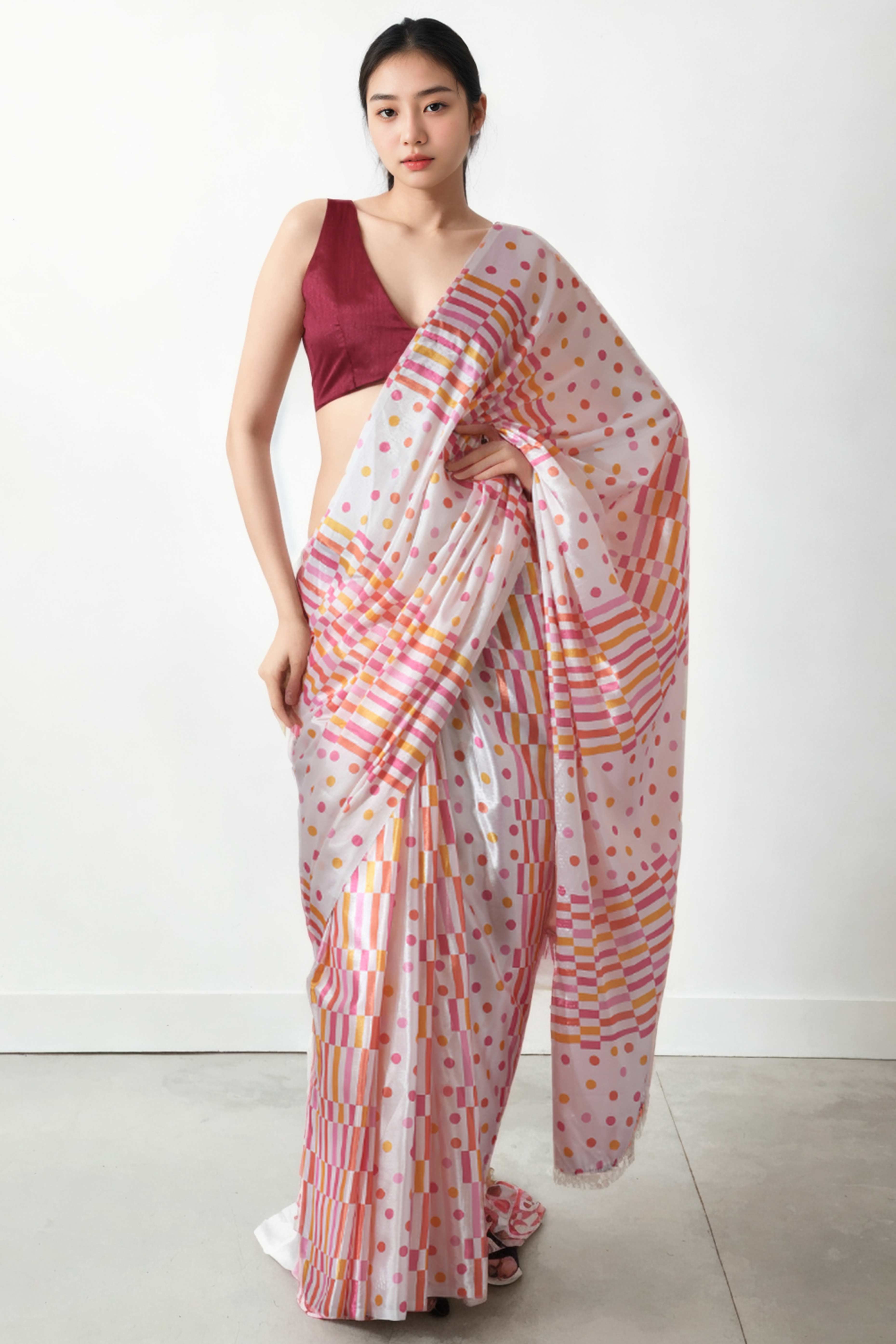 White Striped With Polka Dot Digital Printed With Lace Border Pallu Chinon Ready To Wear Saree