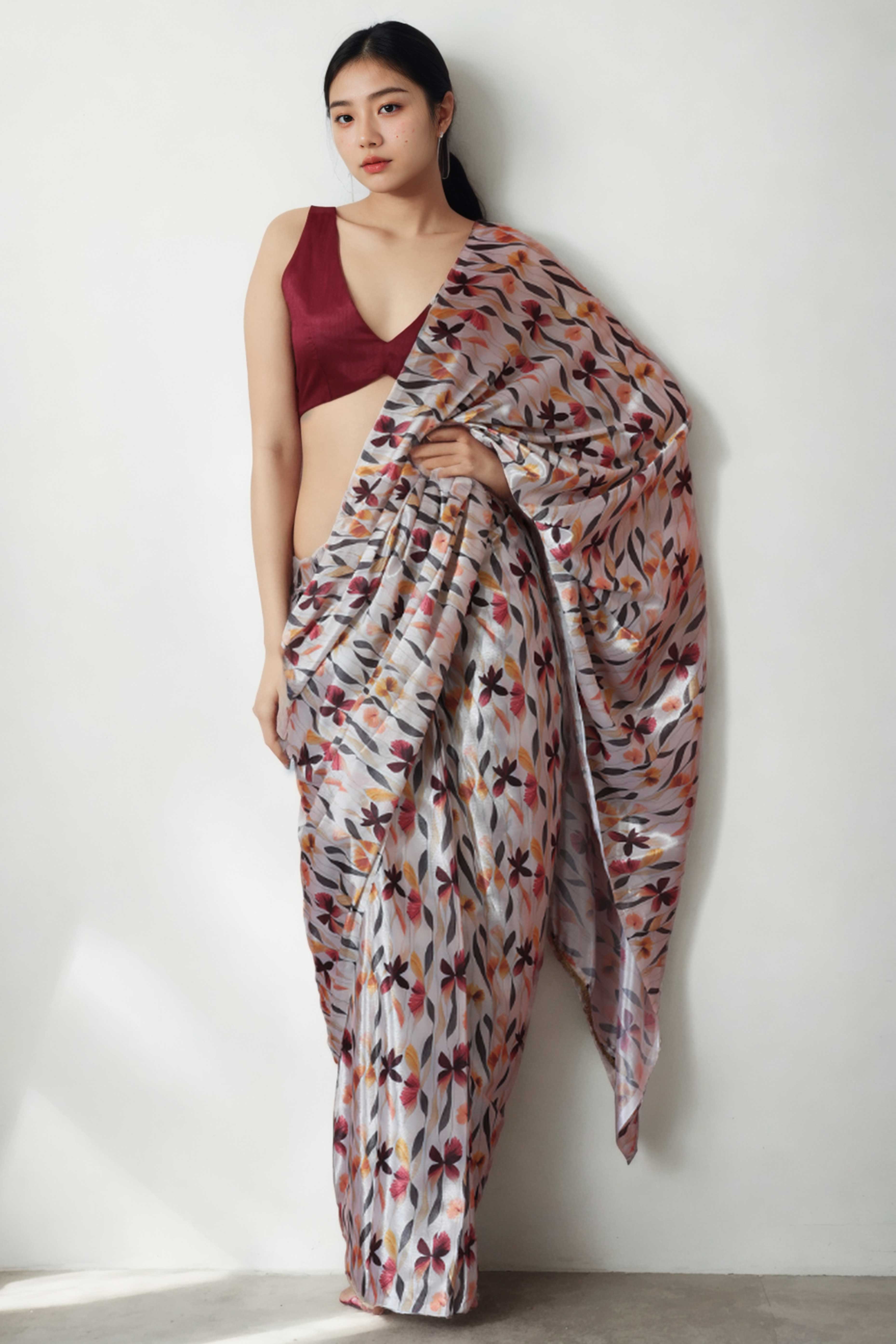 Beige Floral Digital Printed With Lace Border Pallu Chinon Ready To Wear Saree