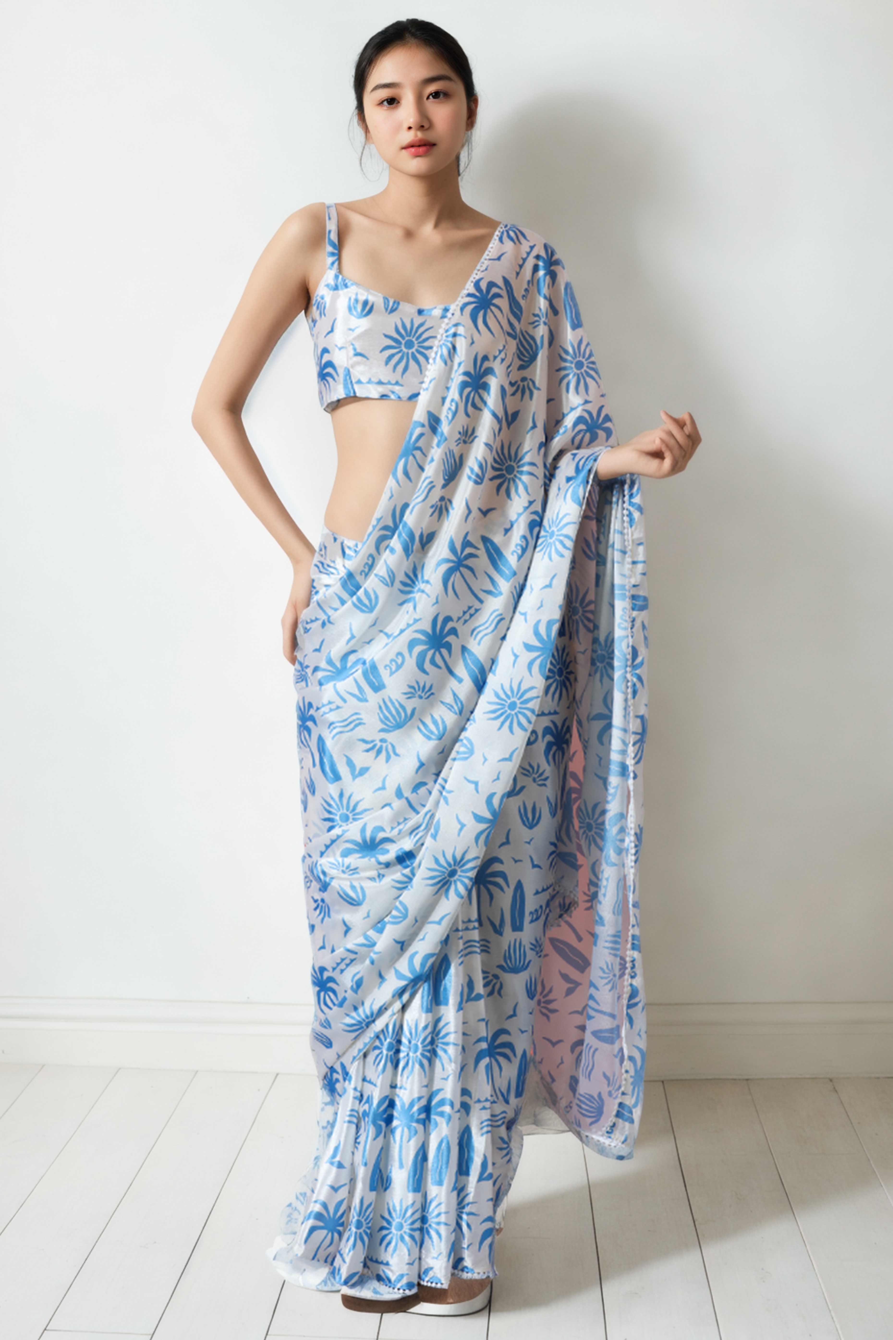 White & Blue Floral Digital Printed With Lace Border Pallu Chinon Ready To Wear Saree
