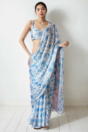 White & Blue Floral Digital Printed With Lace Border Pallu Chinon Ready To Wear Saree