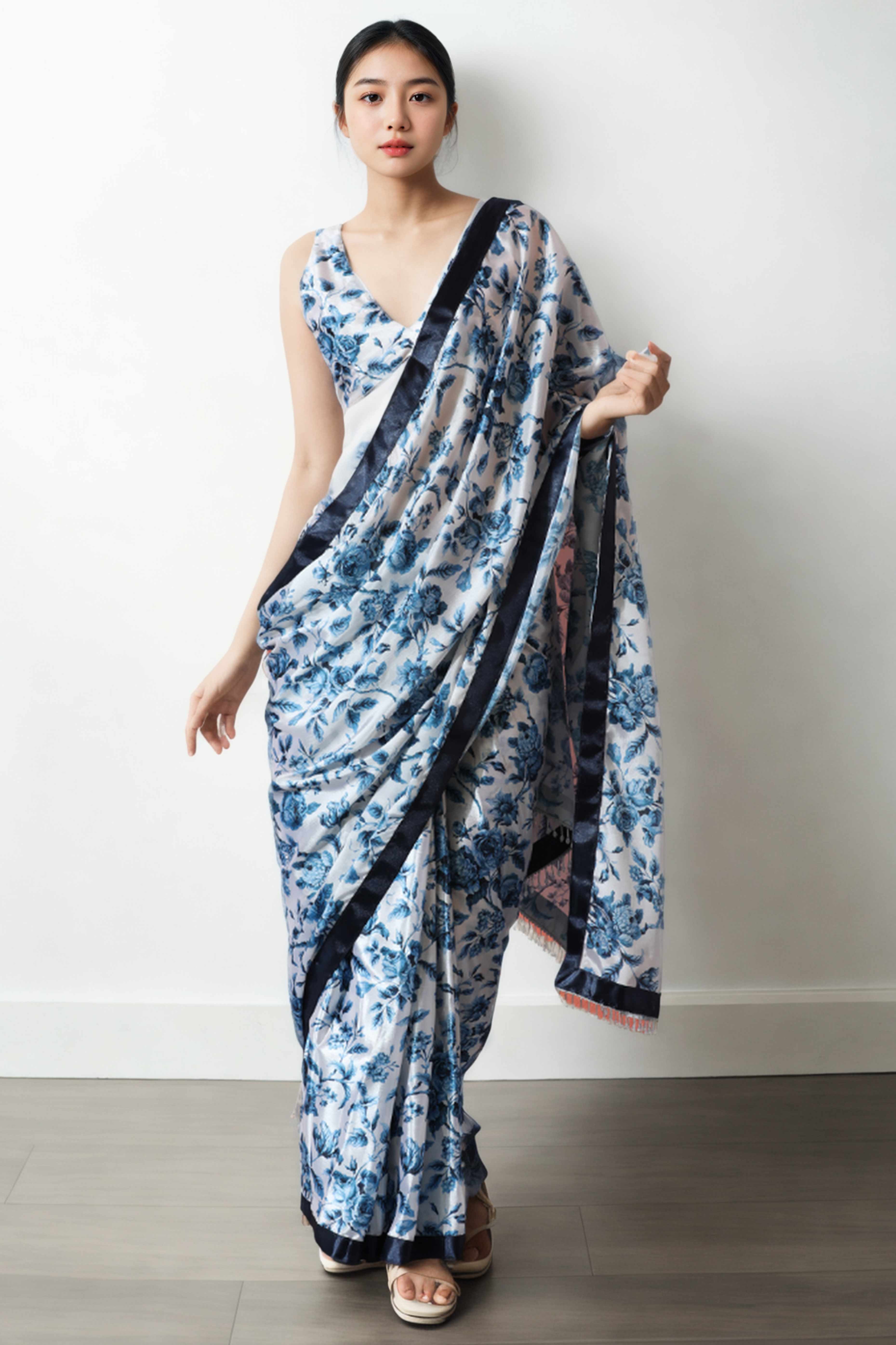 White & Blue Floral Digital Printed With Lace Border Pallu Chinon Ready To Wear Saree