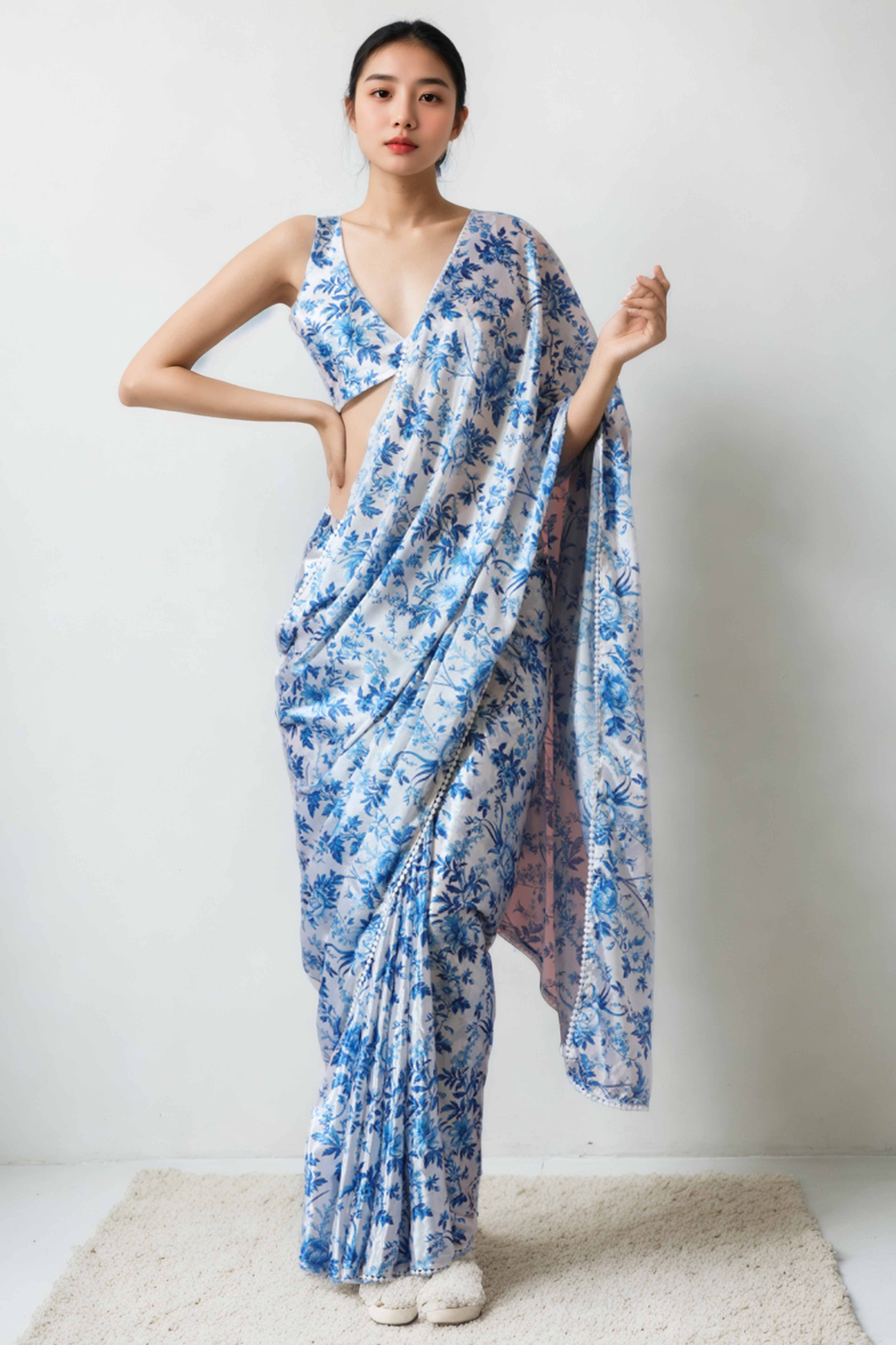 White & Blue Floral Digital Printed With Lace Border Pallu Chinon Ready To Wear Saree