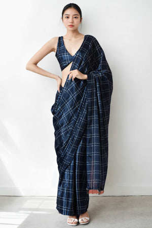 Navy Blue Digital Printed With Lace Border Pallu Chinon Ready To Wear Saree