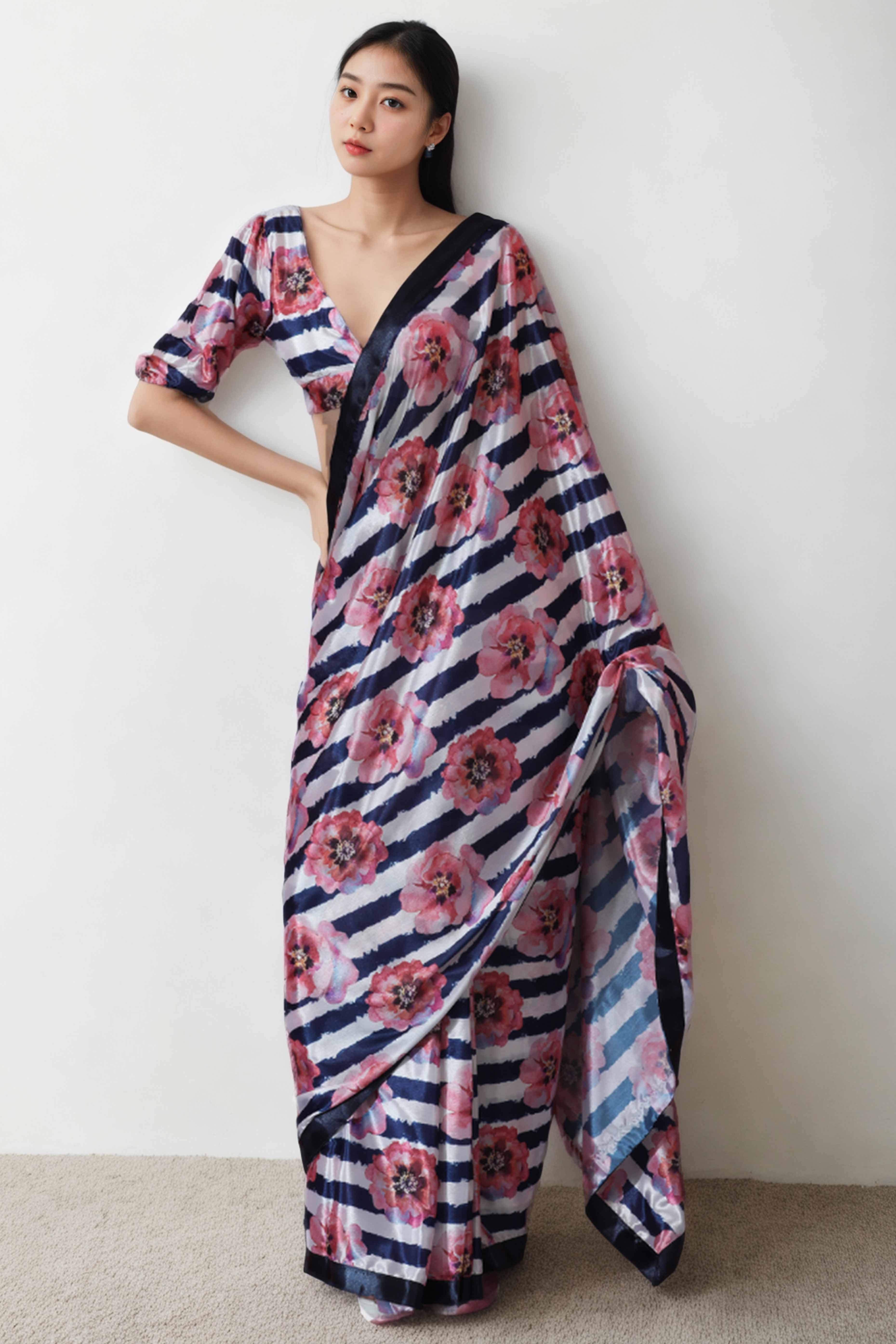 Multicolor Floral Digital Printed With Lace Border Pallu Chinon Ready To Wear Saree