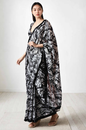 Black & White Floral Digital Printed With Lace Border Pallu Chinon Ready To Wear Saree