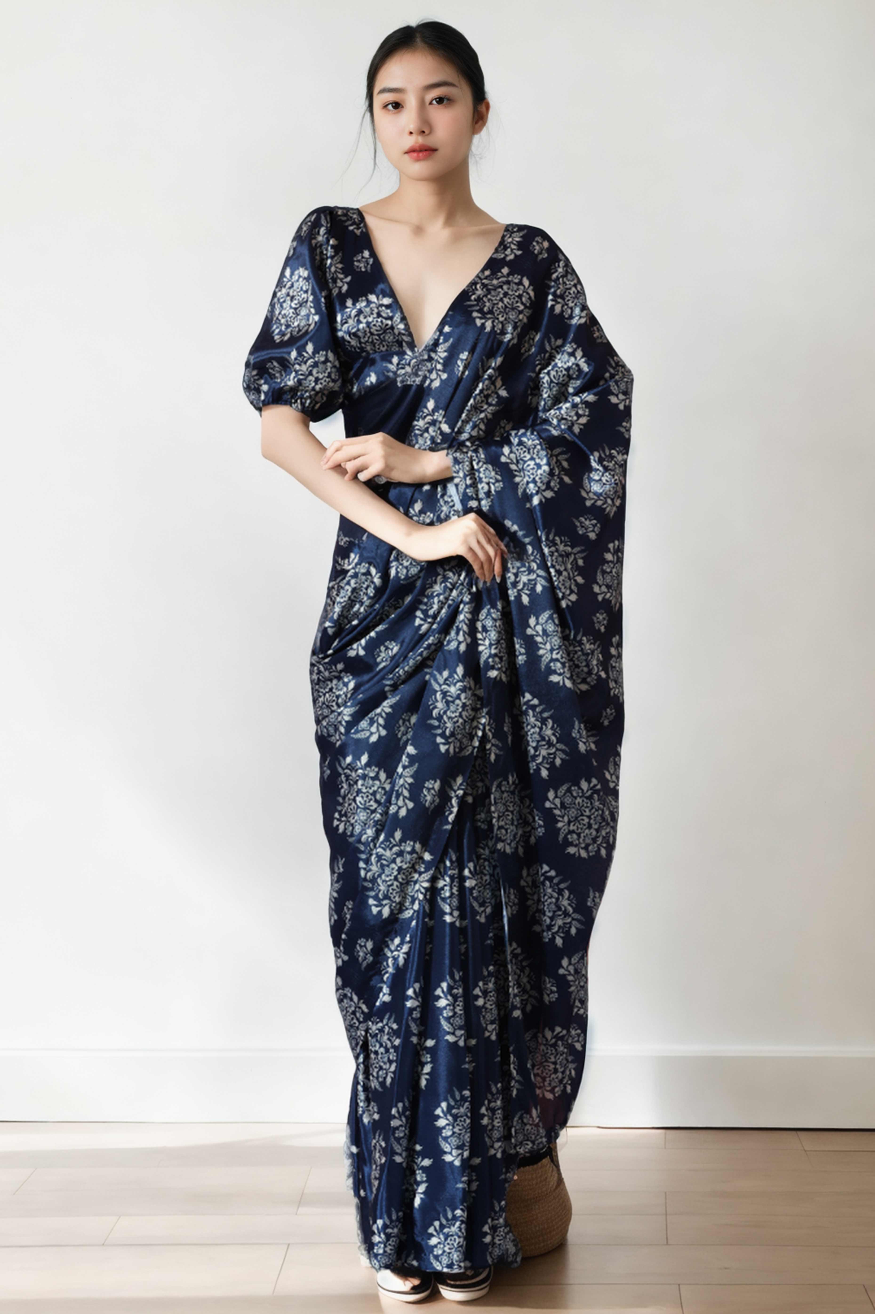 Navy Blue Floral Digital Printed With Lace Border Pallu Chinon Ready To Wear Saree