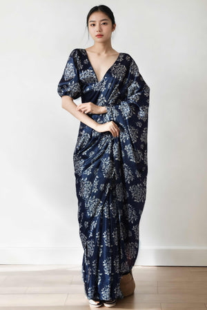 Navy Blue Floral Digital Printed With Lace Border Pallu Chinon Ready To Wear Saree