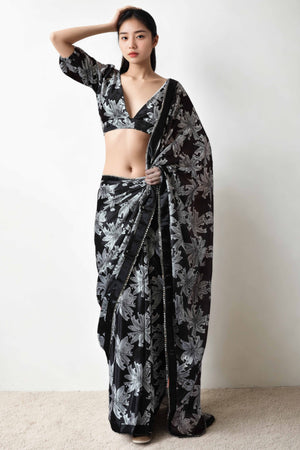 Black Floral Digital Printed With Lace Border Pallu Chinon Ready To Wear Saree