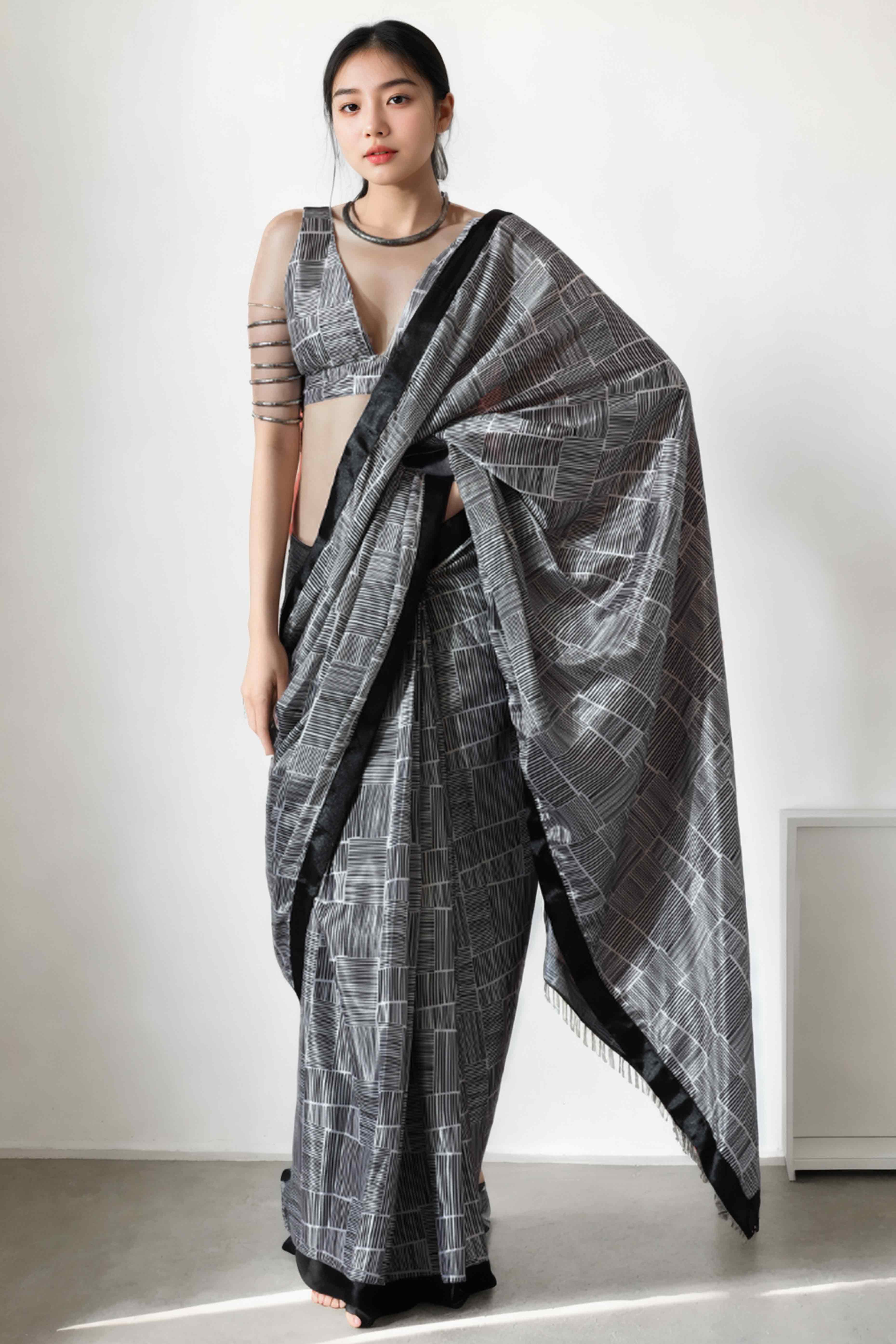 Black Digital Printed With Lace Border Pallu Chinon Ready To Wear Saree