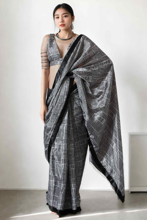 Black Digital Printed With Lace Border Pallu Chinon Ready To Wear Saree