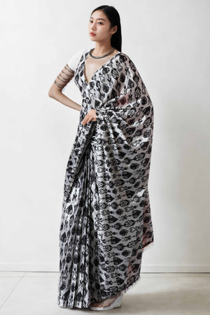 White & Black Digital Printed With Lace Border Pallu Chinon Ready To Wear Saree