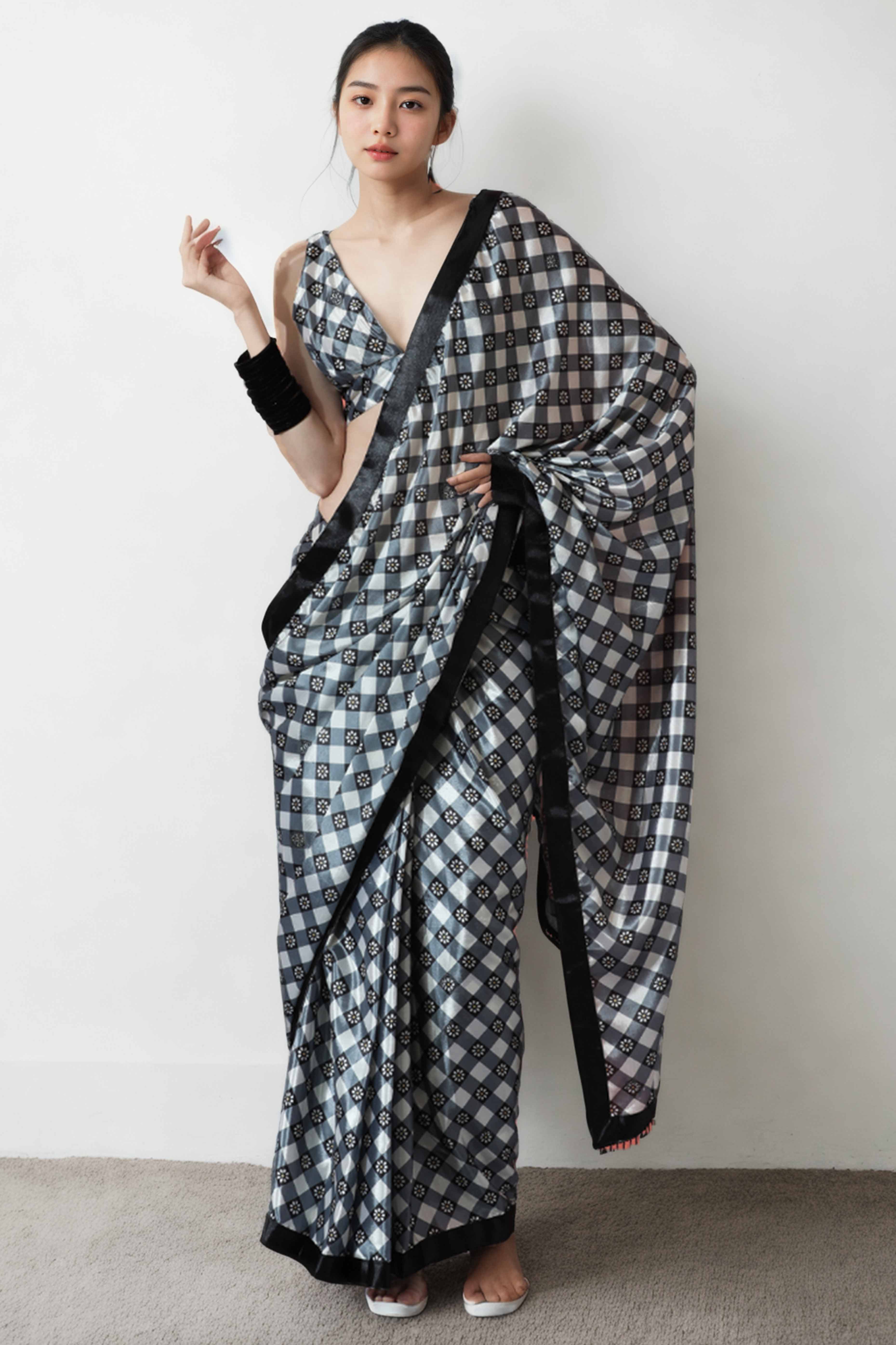 Grey & Black Floral Digital Printed With Lace Border Pallu Chinon Ready To Wear Saree