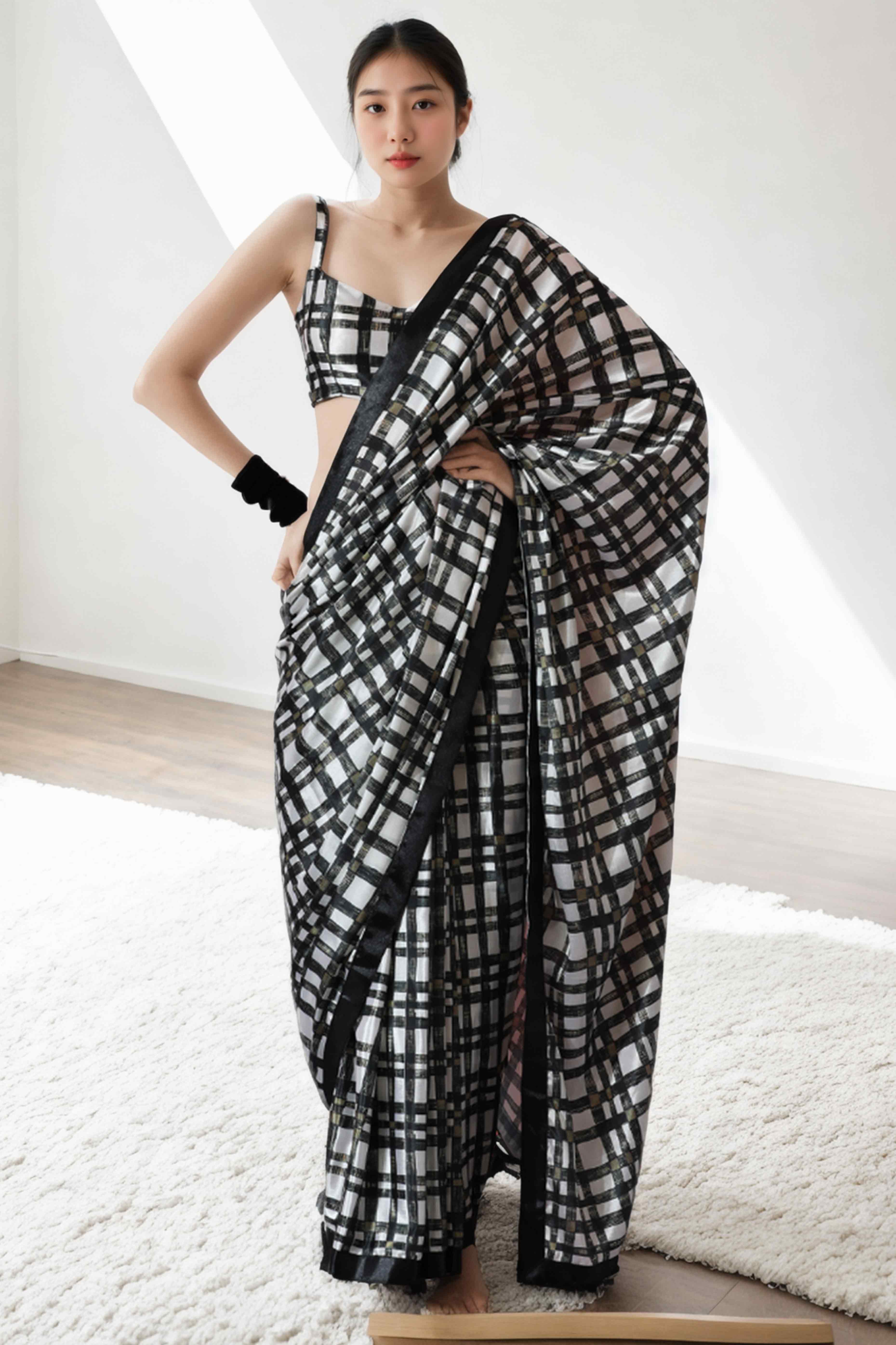 Black & White Checked Digital Printed With Lace Border Pallu Chinon Ready To Wear Saree