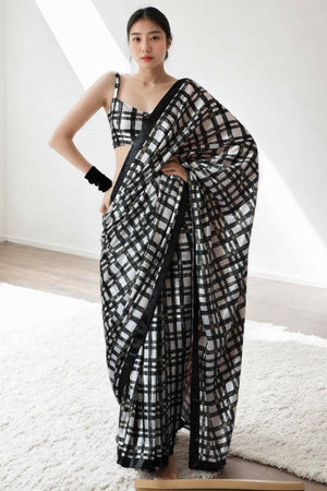 Black & White Checked Digital Printed With Lace Border Pallu Chinon Ready To Wear Saree