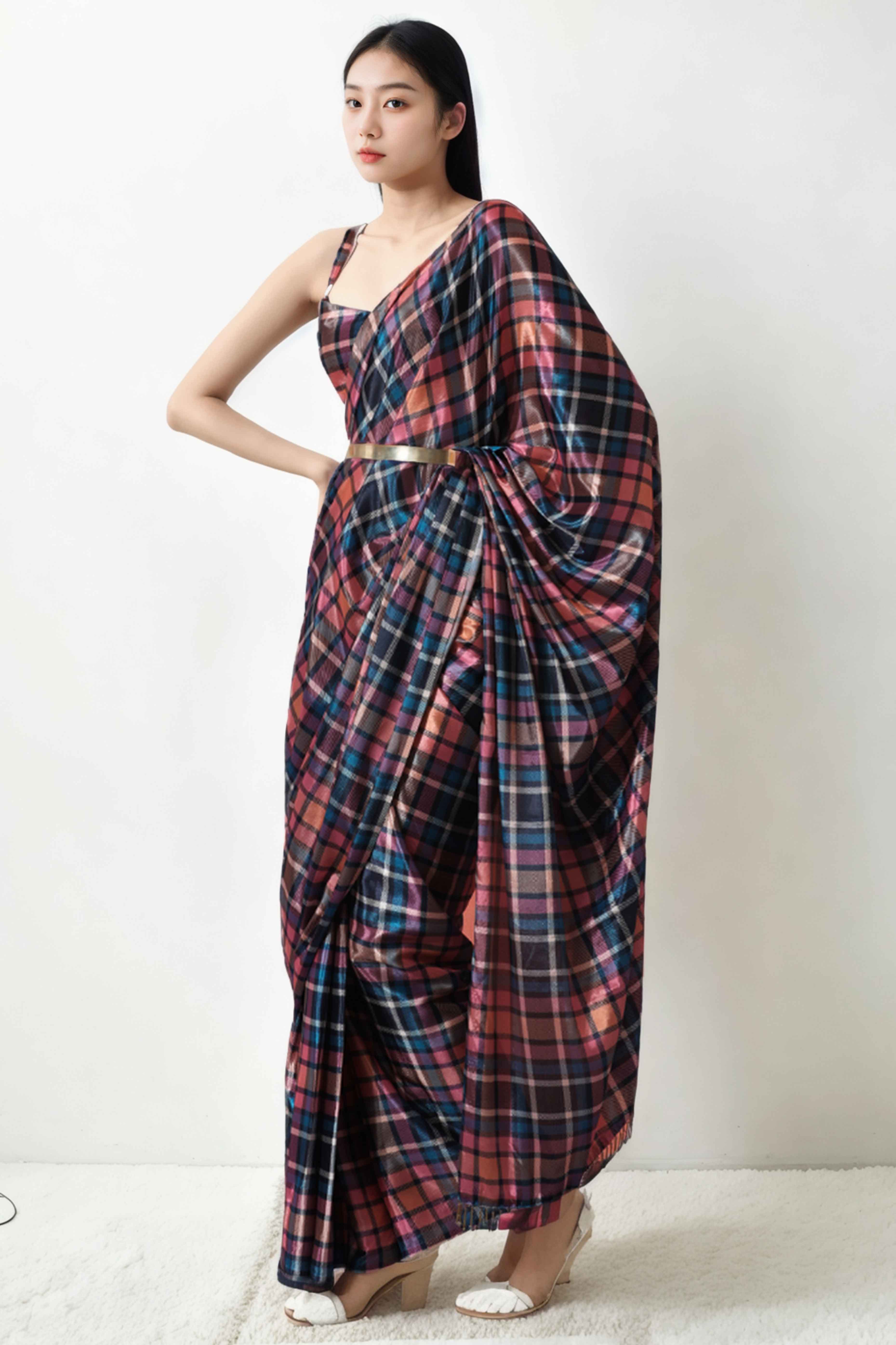 Multicolor Checked Digital Printed With Lace Border Pallu Chinon Ready To Wear Saree